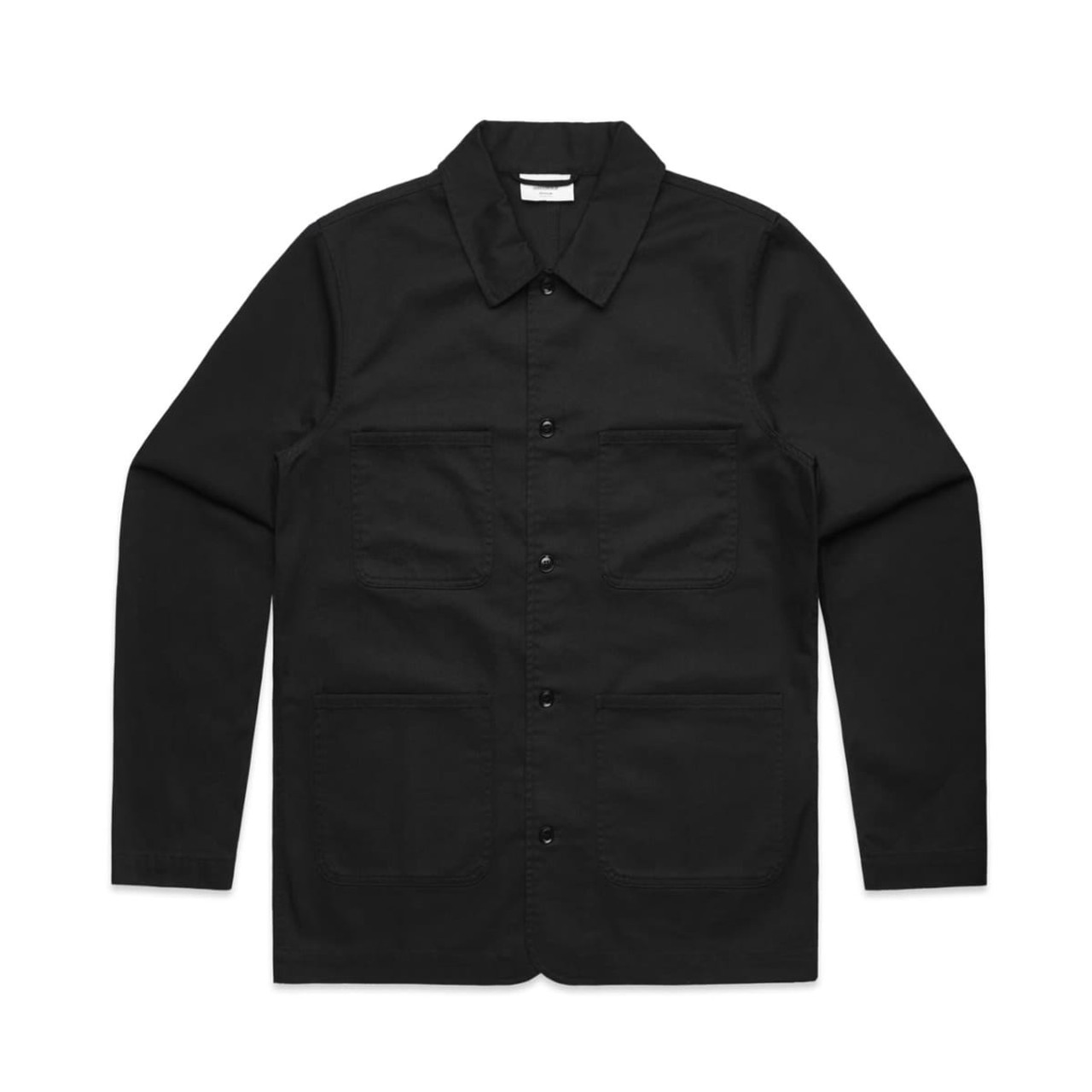 A black chore jacket featuring a button-up front and multiple front pockets. The jacket has a collar and long sleeves.