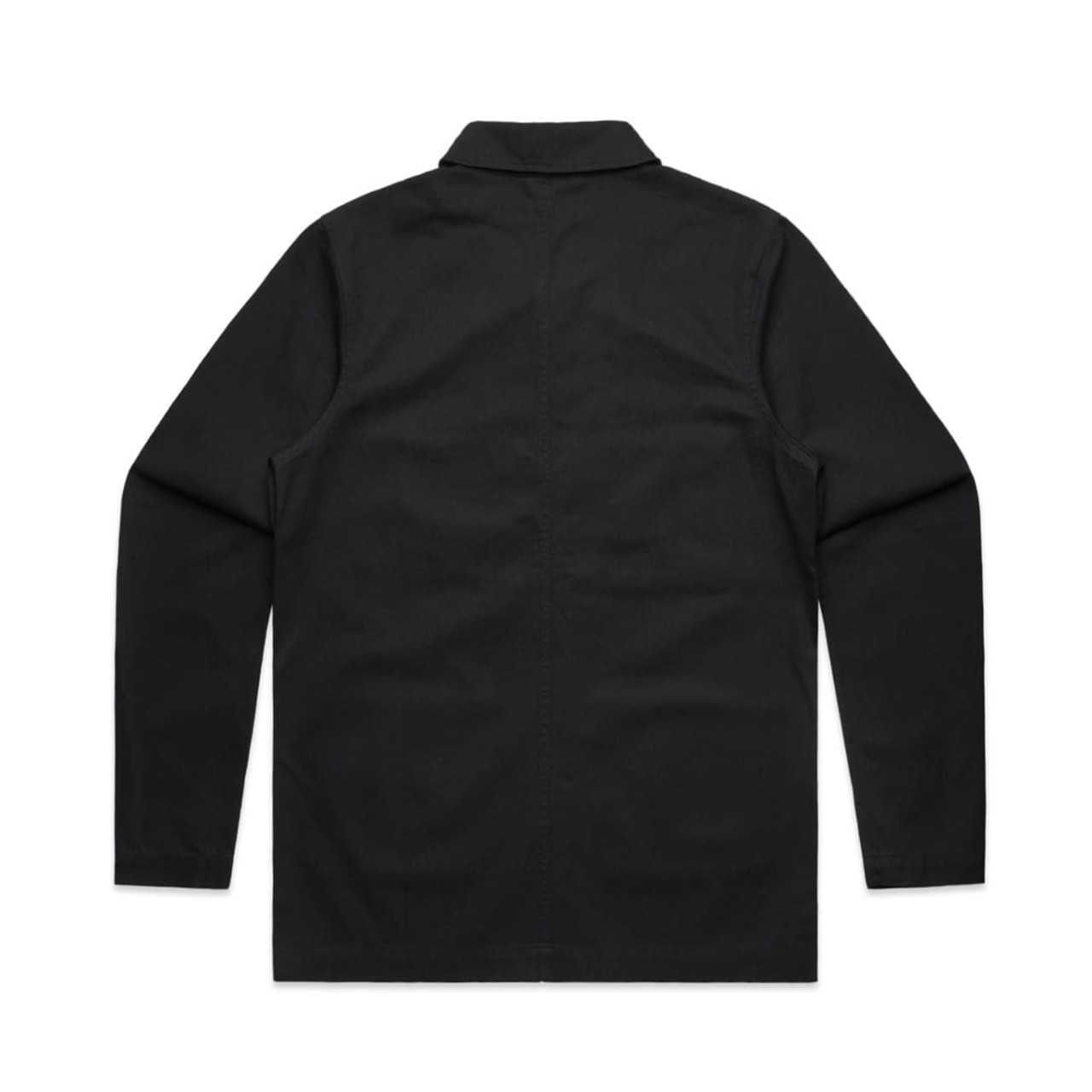 A black Chore Jacket with a collared neckline and long sleeves, featuring a logo on the fabric.