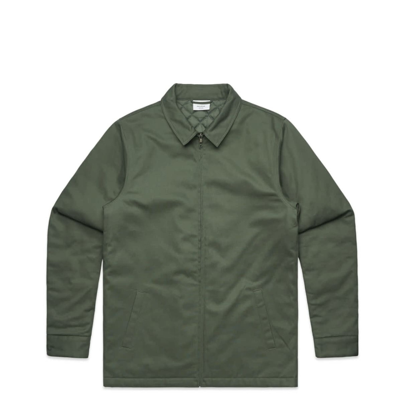 A green service jacket featuring a collar, zip closure, and side pockets, with a logo on the label.