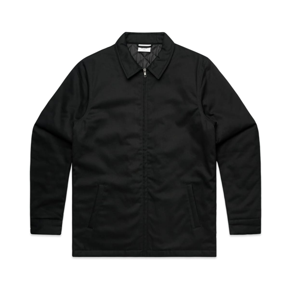 A black service jacket featuring a zip closure and two side pockets, with a simple design and logo.