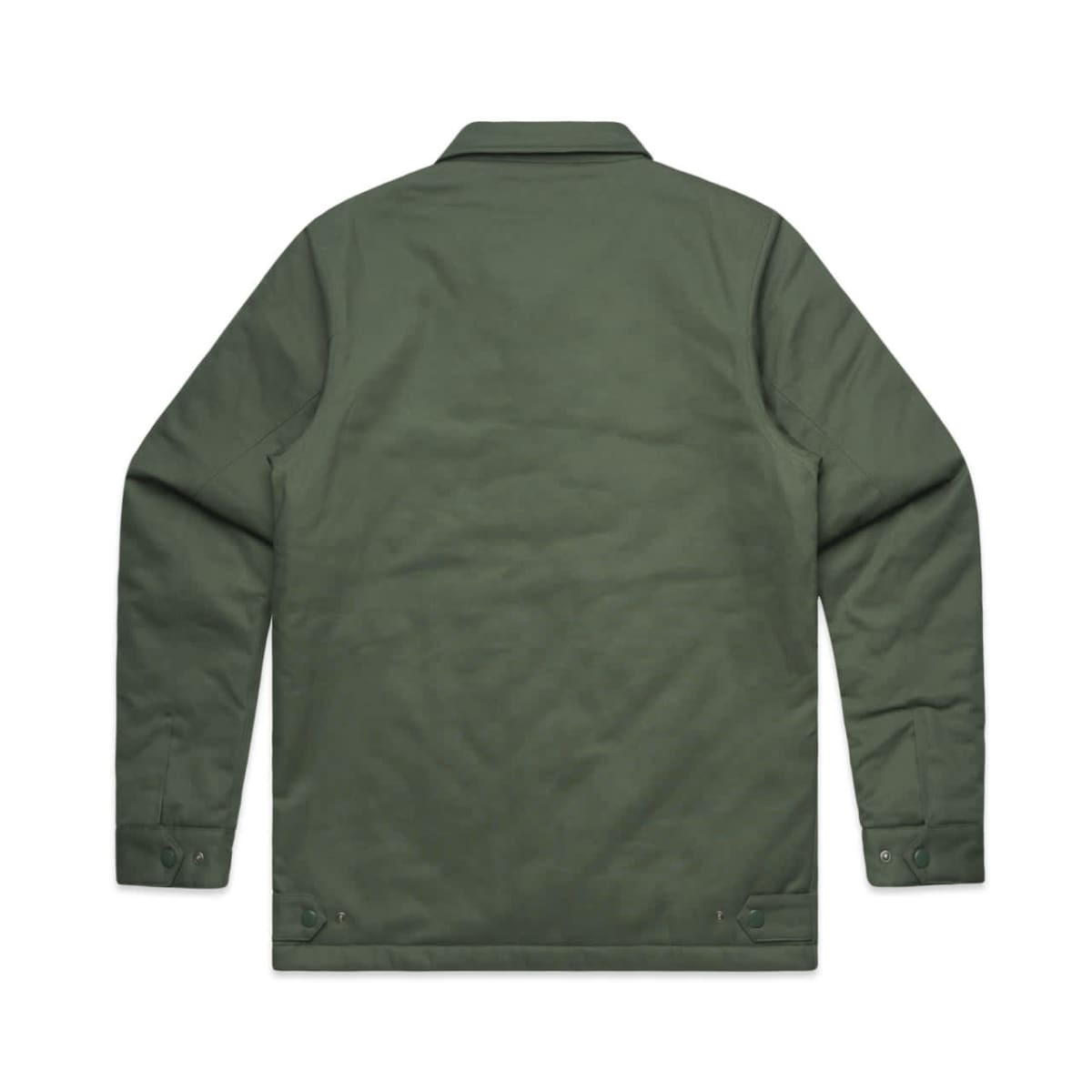 A green service jacket with a simple design, featuring a collar and buttoned cuffs. It has a logo on it.