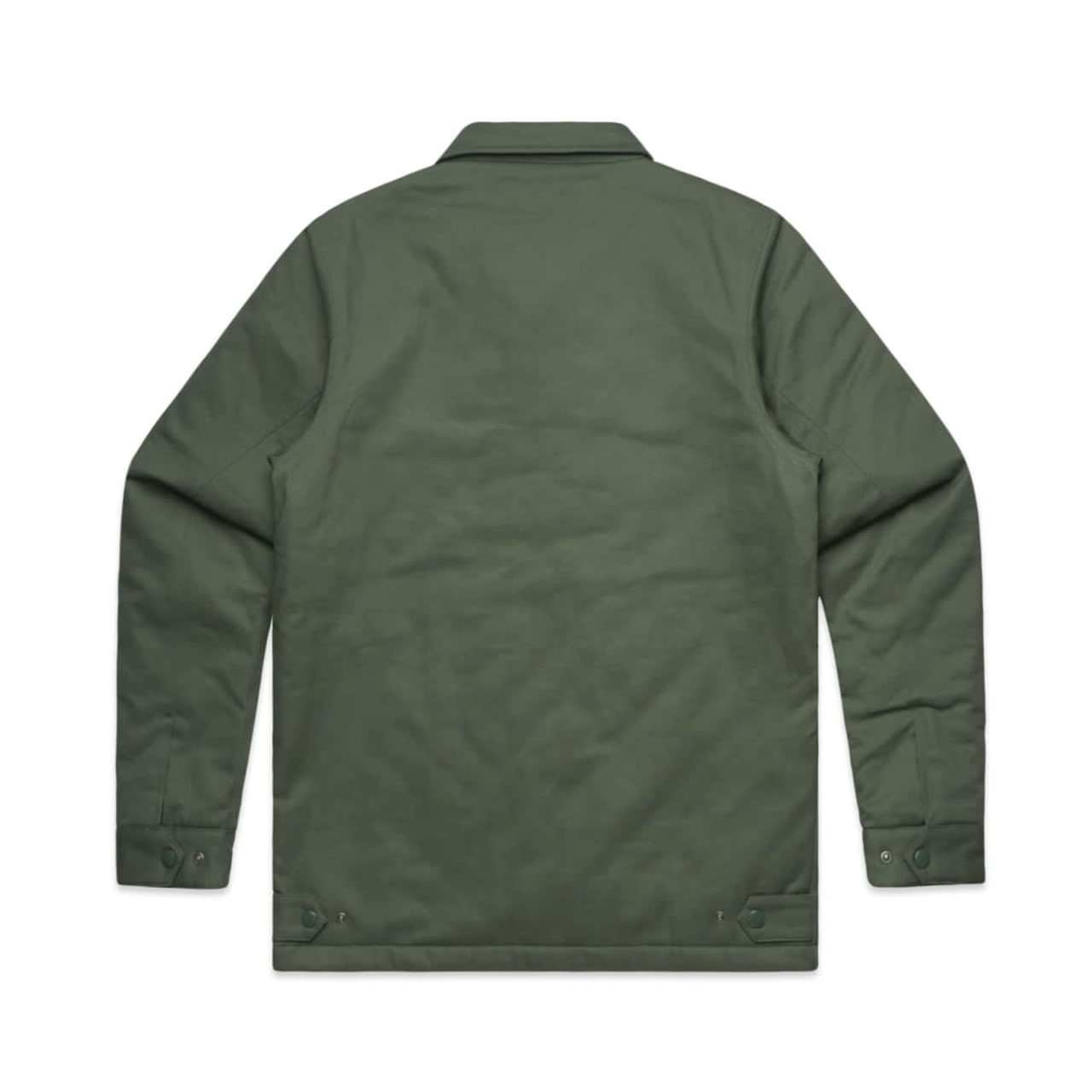 A green service jacket with a simple design, featuring a collar and buttoned cuffs. It has a logo on it.