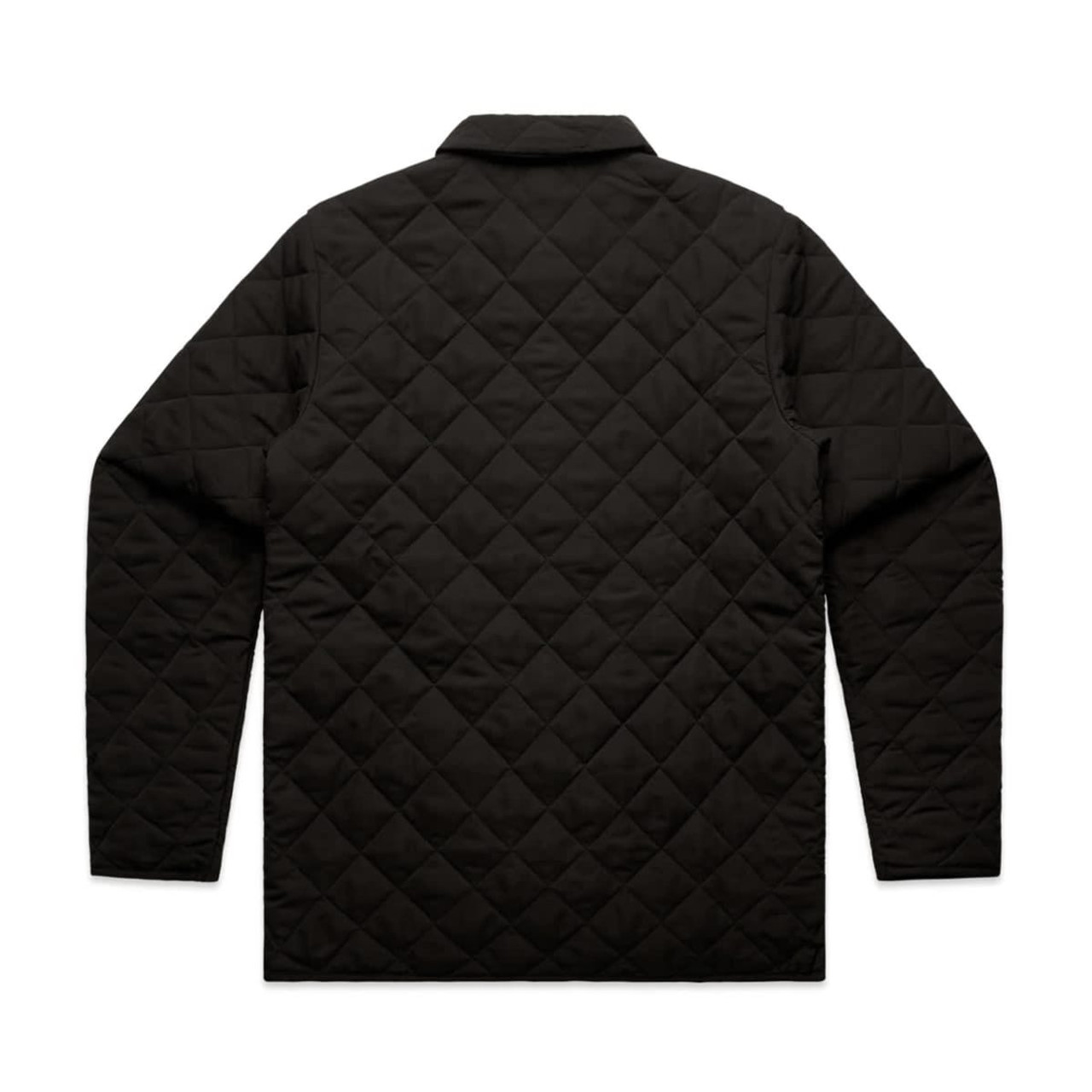 A black quilted jacket featuring a diamond pattern and a collared design, with no visible branding.