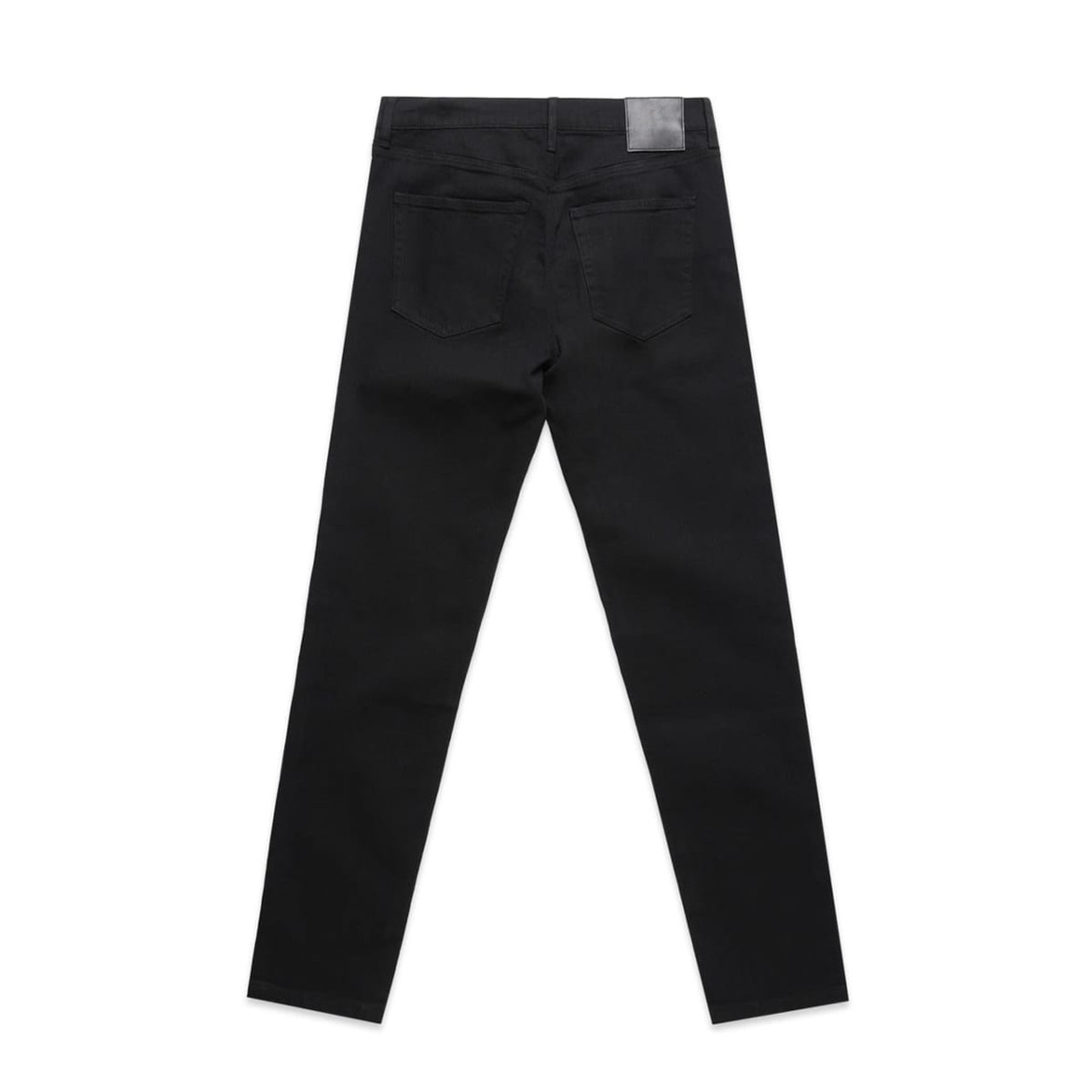 Black jeans displayed from the back, featuring a standard fit and a branding tag on the waistband.
