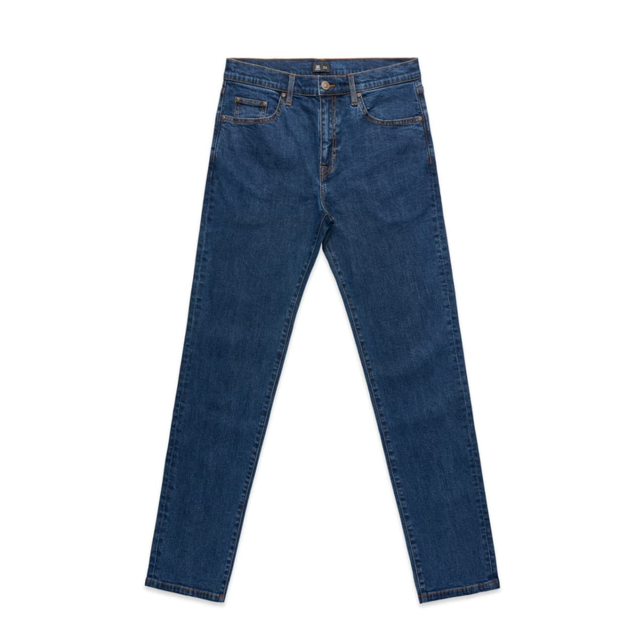 A pair of blue jeans with a classic cut, featuring pockets and a waistband, displayed on a white background.