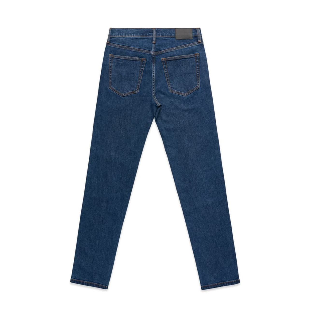 A pair of blue standard jeans featuring a sleek back design and two rear pockets. The jeans have a logo on the waistband.