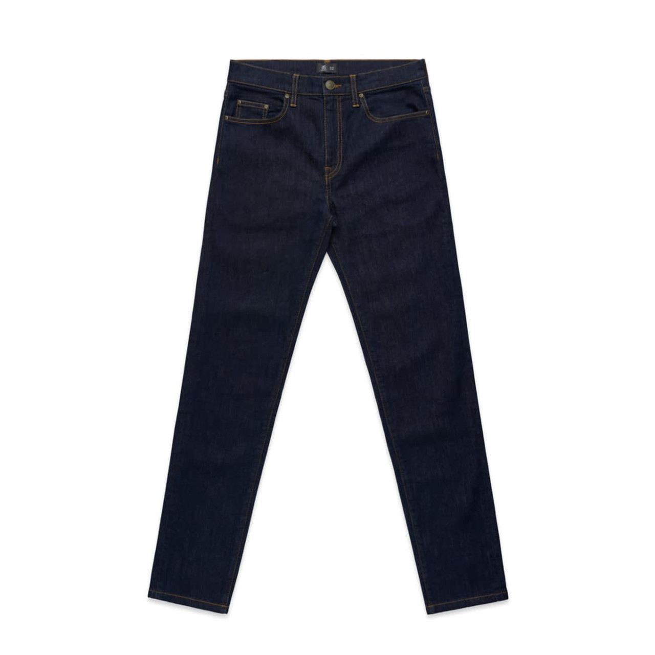 Dark blue standard jeans with a classic fit, featuring a logo on the waistband and five pockets.
