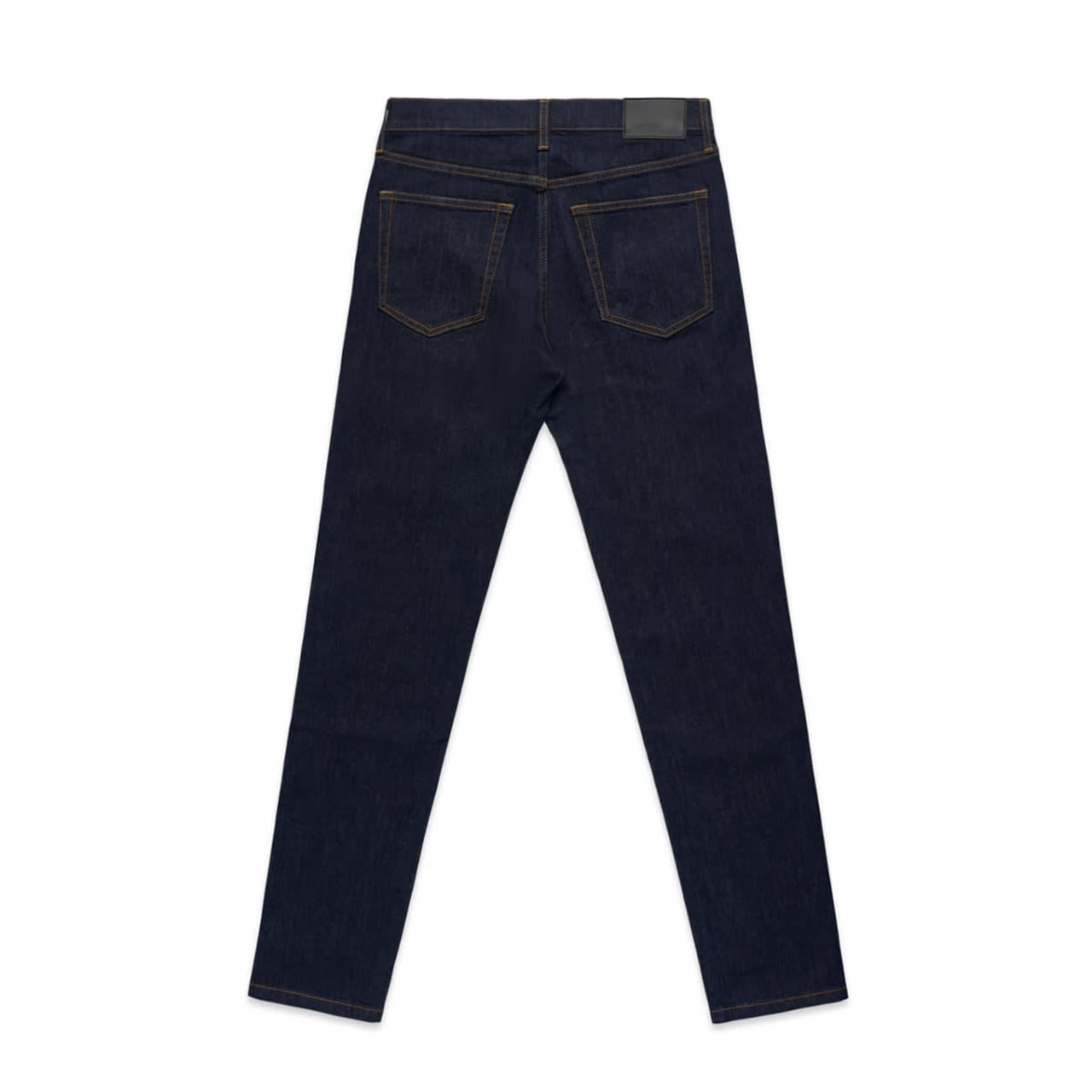 Dark blue standard jeans with a fitted design and visible back pockets. Features a branded patch on the waistband.