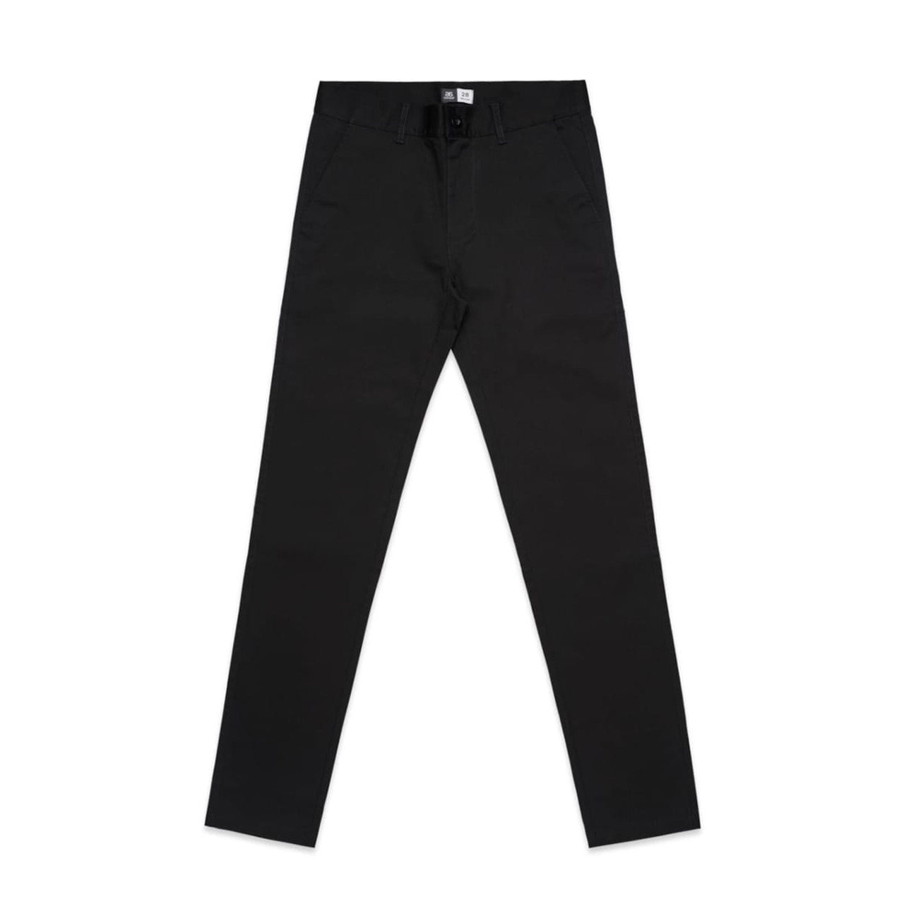 Black slacks with a fitted design, featuring a waistband and a logo. Suitable for casual or smart attire.
