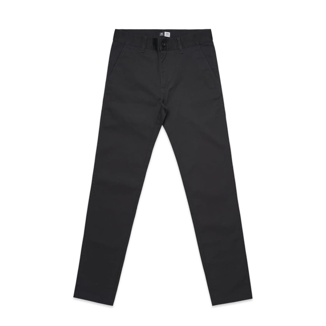 Black slacks with a straight fit and a waistband featuring a logo.