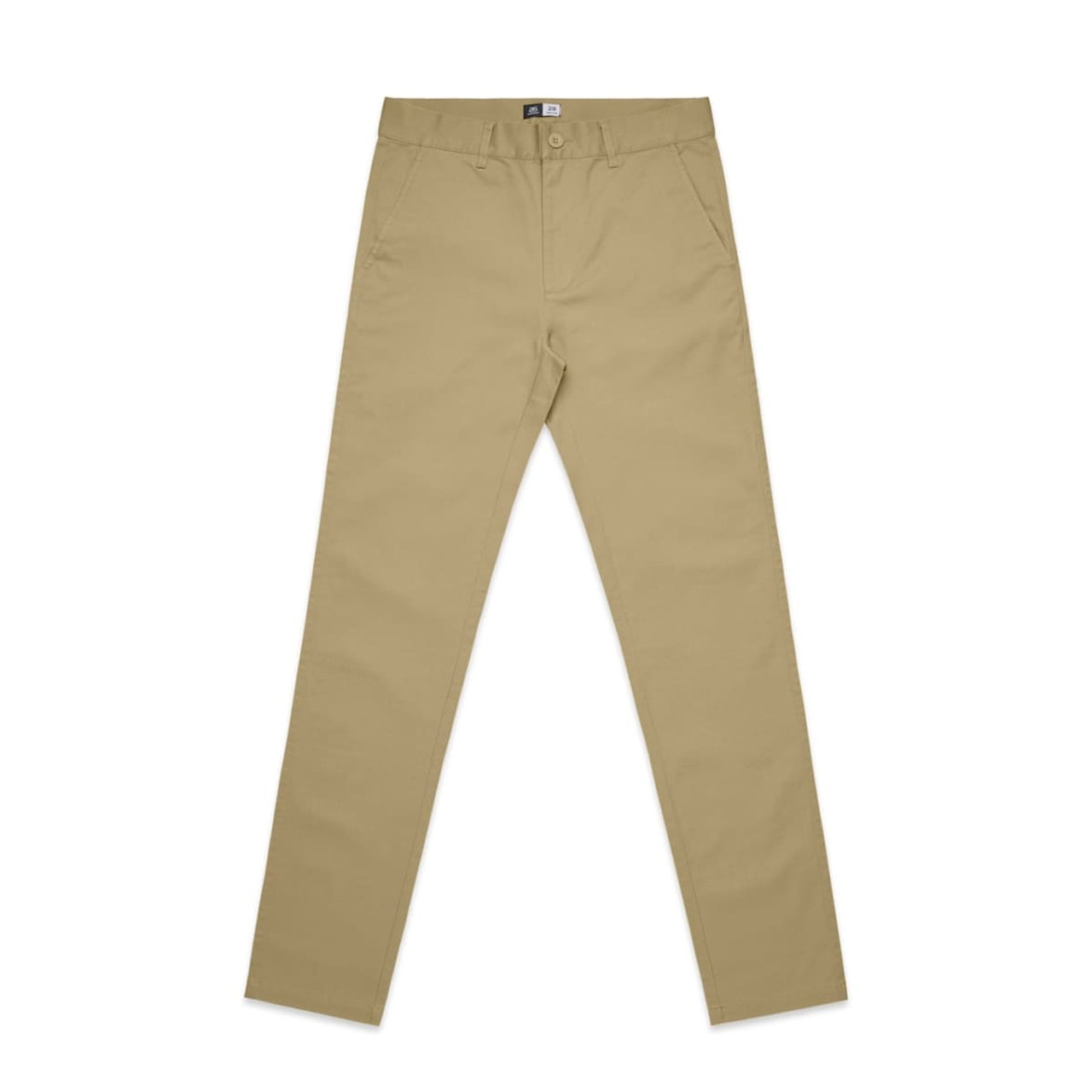 Tan slacks featuring a straight-leg design with front pockets and a logo on the waistband.