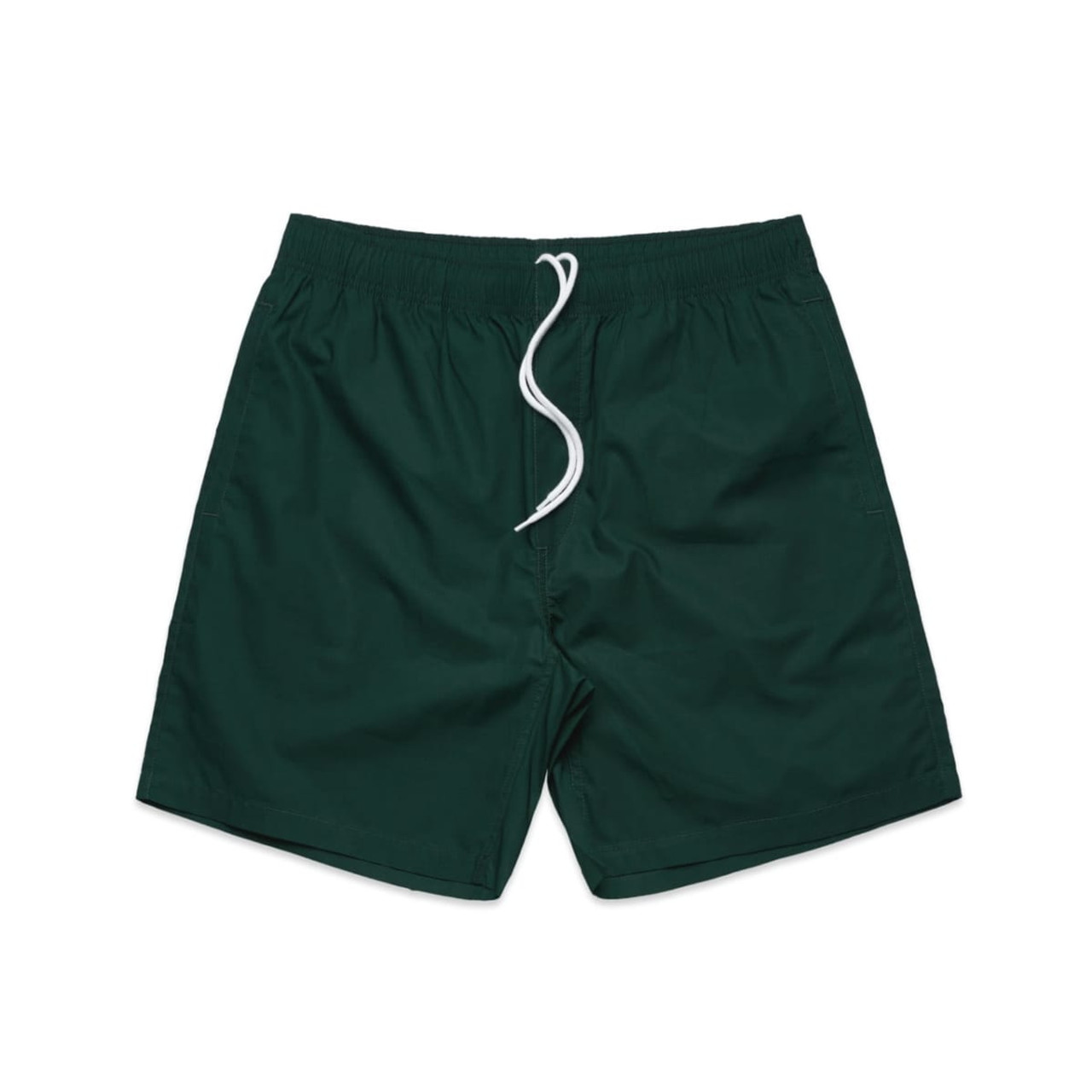 A pair of 17-inch beach shorts in dark green, featuring an elastic waistband and a drawstring.