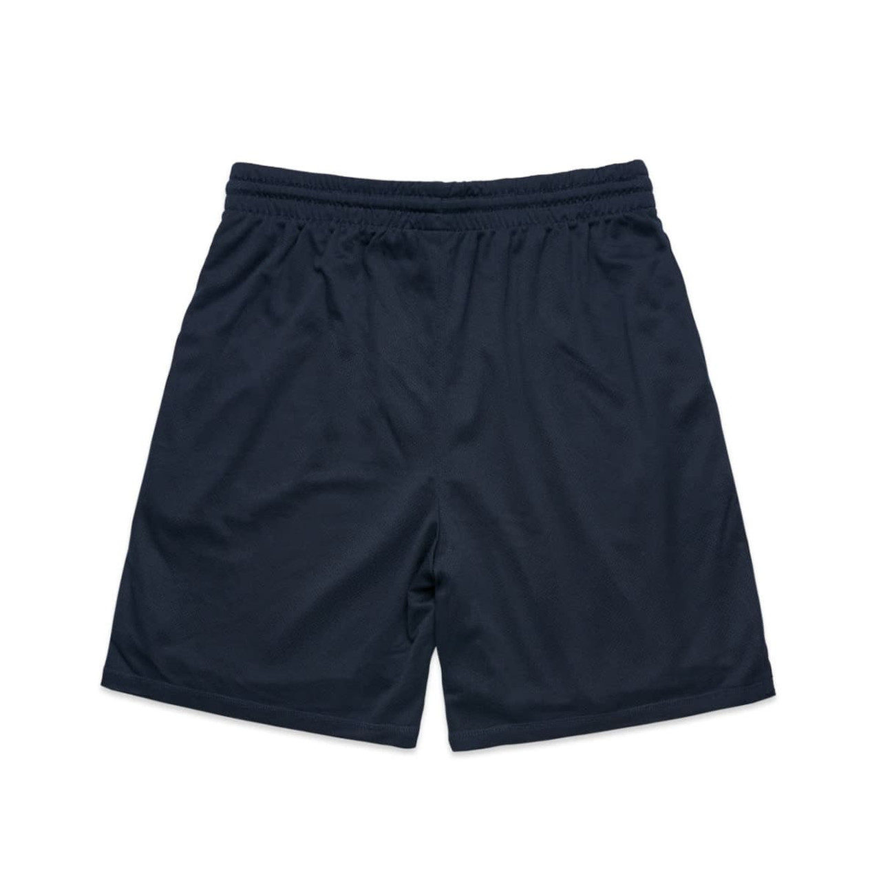 Navy sports shorts with an elastic waistband and no pockets, featuring a logo.