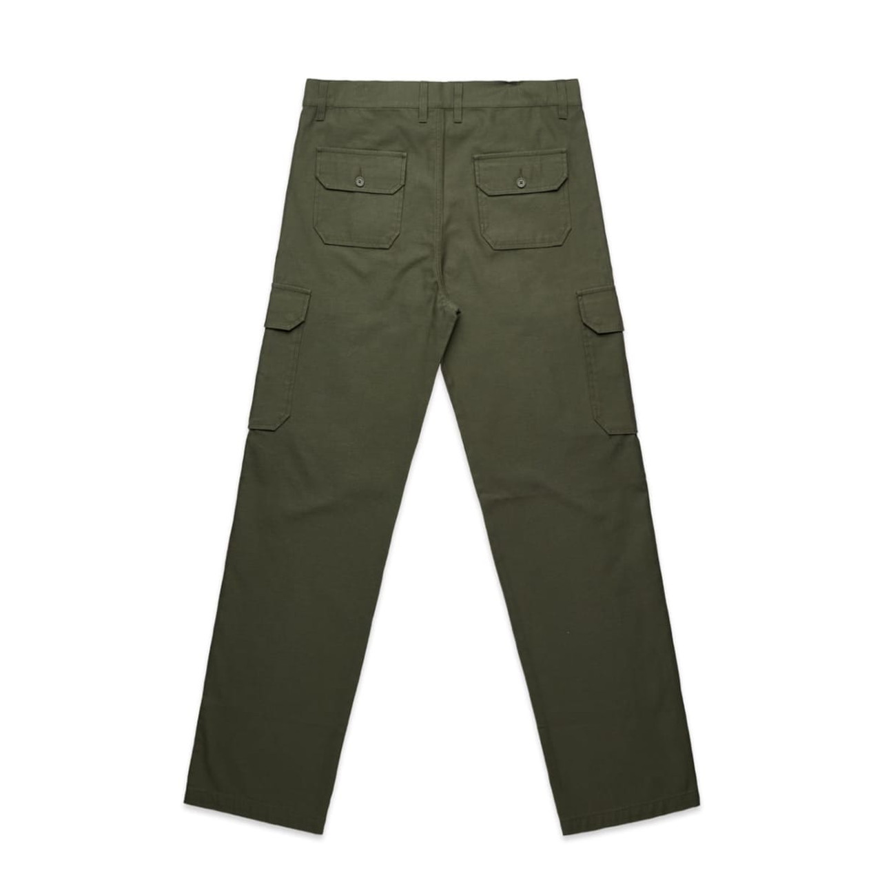 Utility cargo pants in olive green, featuring multiple pockets and a straight-leg design. Includes a logo on the waistband.