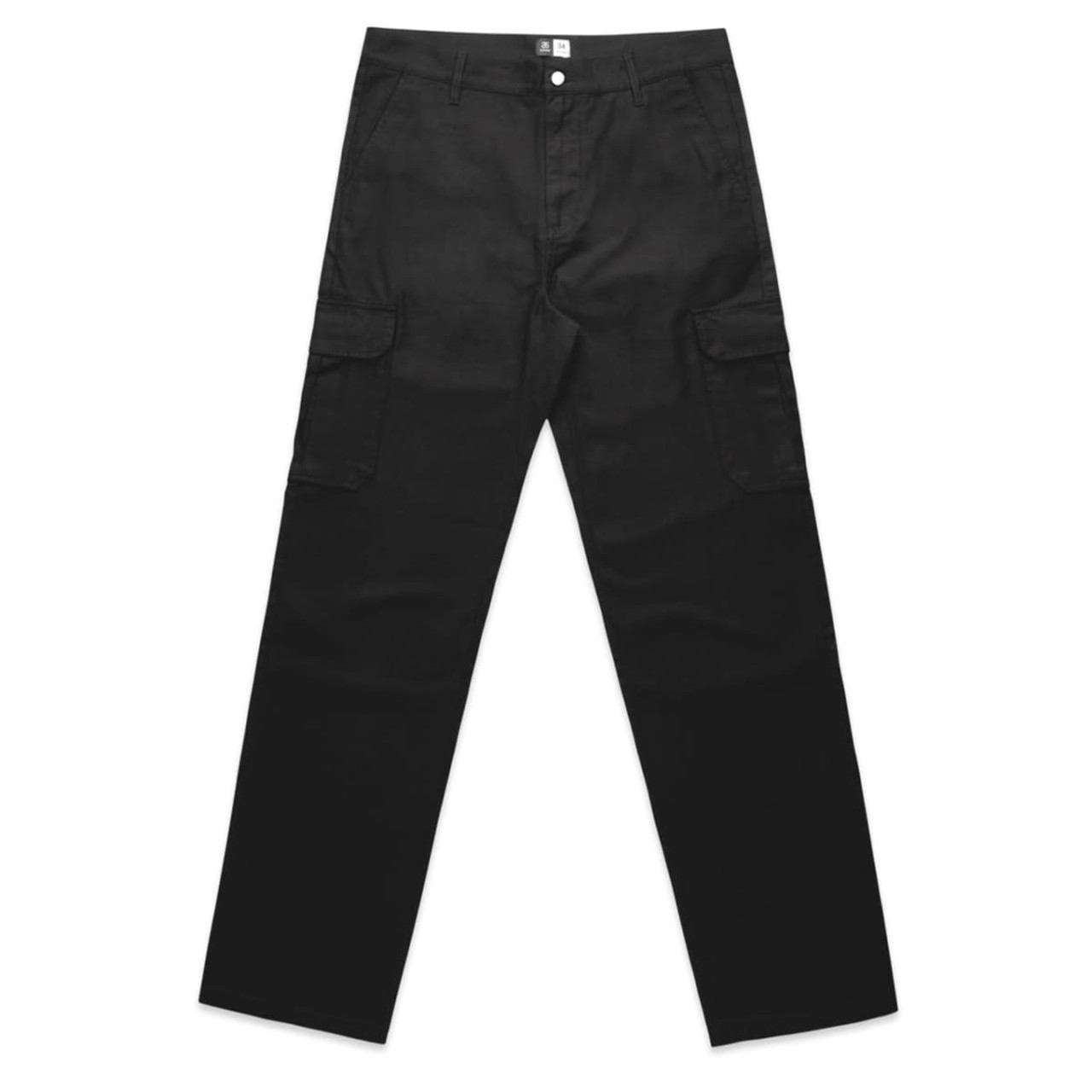 Utility cargo pants in black featuring multiple pockets and a straight-leg design, with a logo on the waistband.