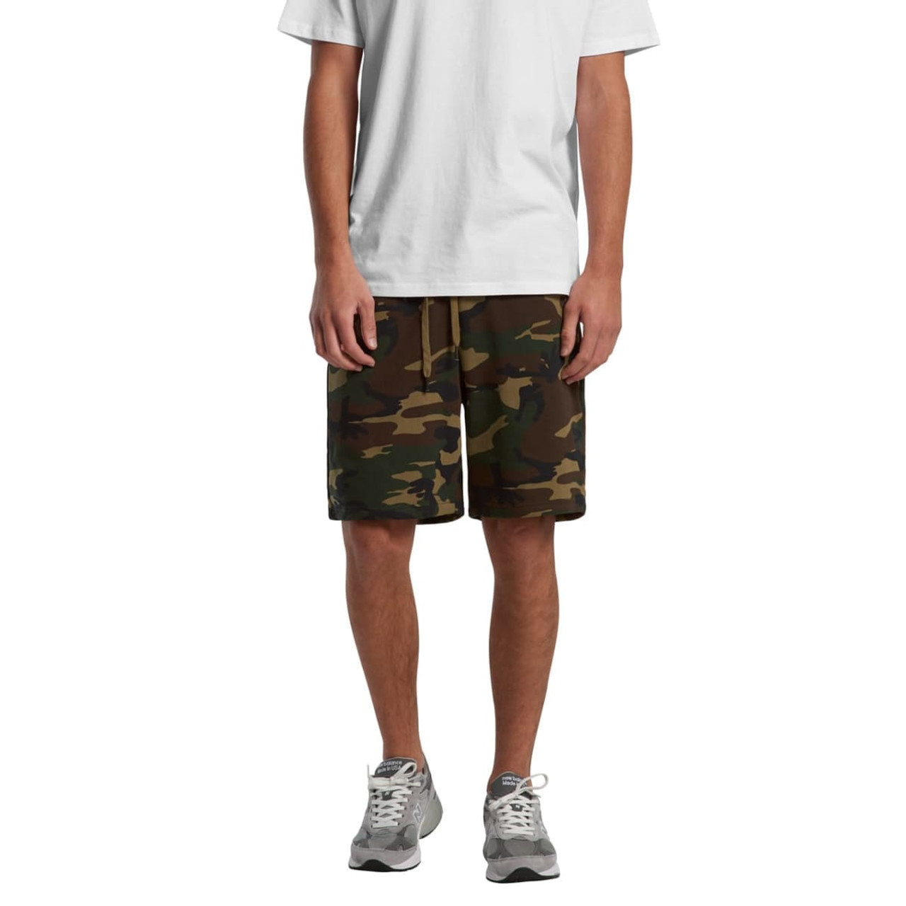 Camo shorts in green and brown tones, featuring a drawstring waist and a casual fit. Includes a logo detail.