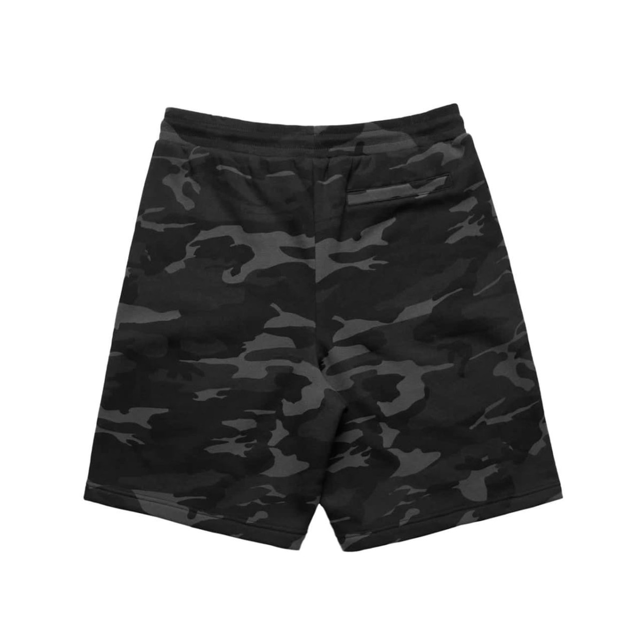 Black camouflage sports shorts with an elastic waistband and a logo. Back view shown.