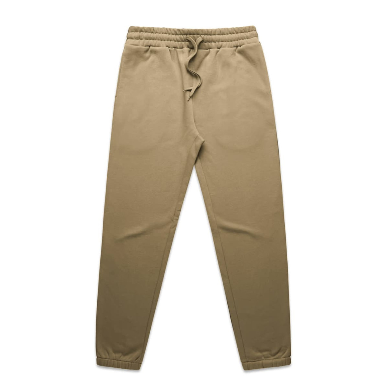A pair of beige track pants with an elastic waistband and cuffs, featuring a drawstring and a logo.