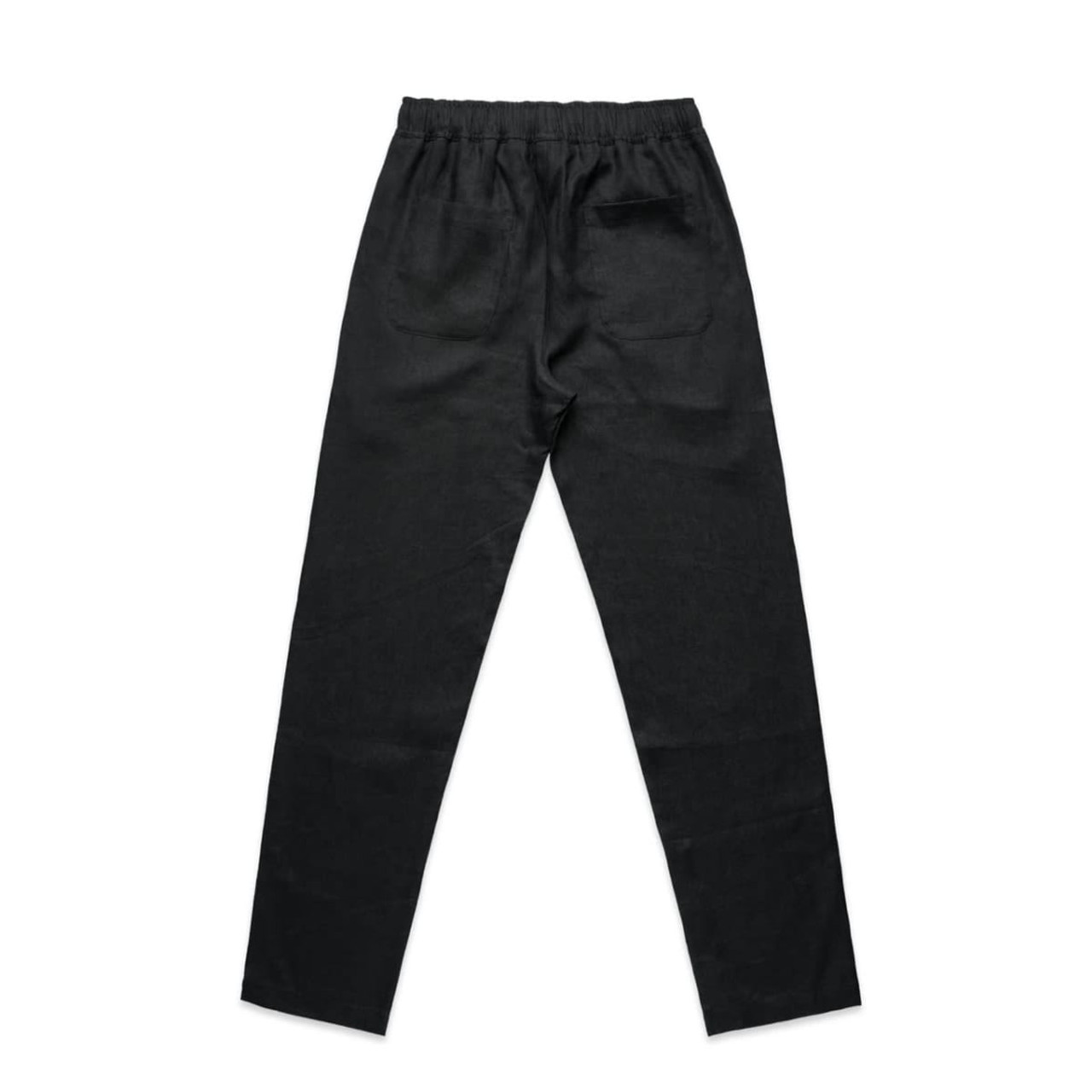 Black linen pants featuring an elastic waistband and two back pockets. The garment has a smooth, textured finish.