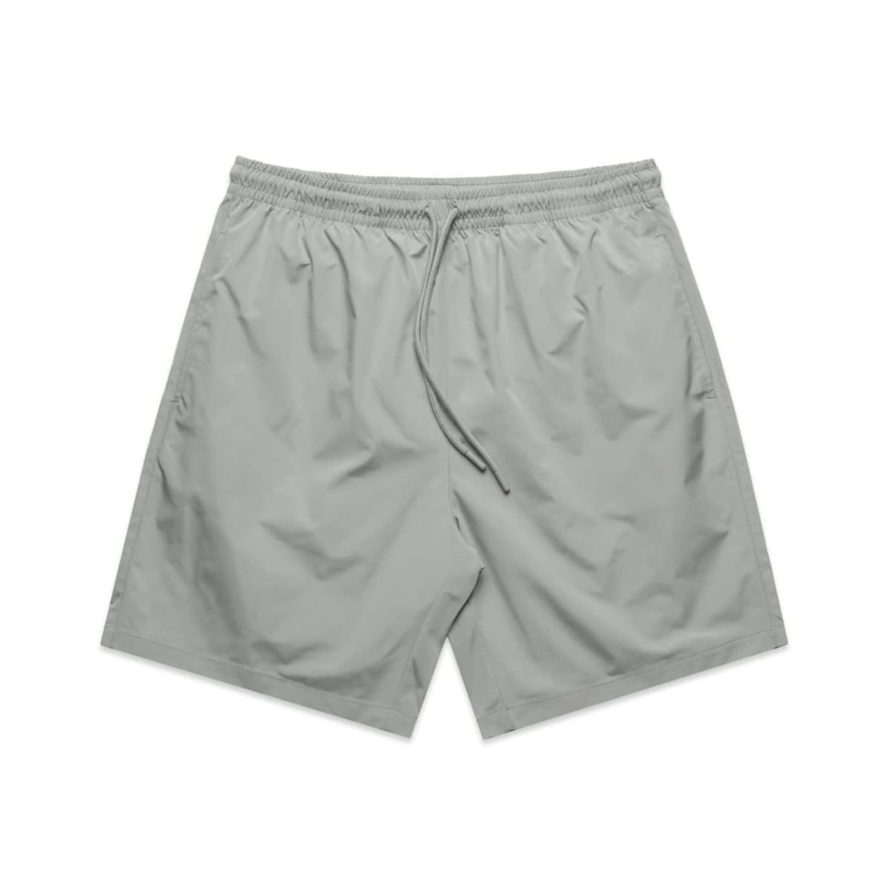 Active training shorts in a light grey shade, featuring an elastic waistband and a drawstring, with a logo.
