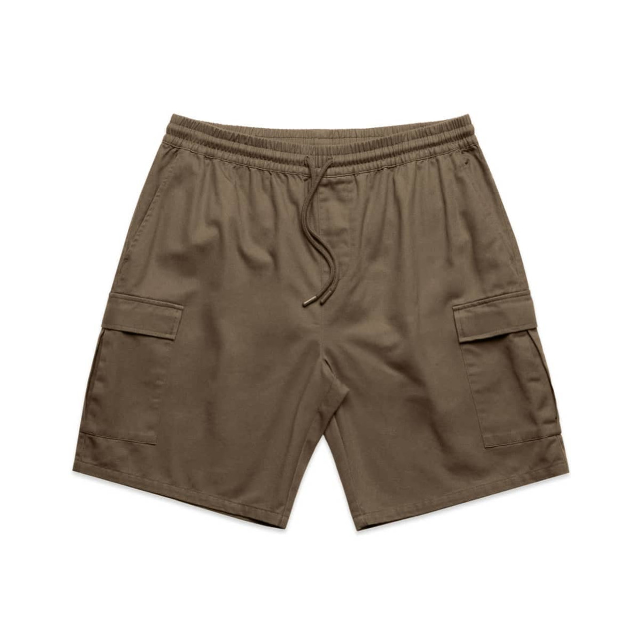 Cargo shorts in a rich brown colour feature an elastic waistband and multiple side pockets. There is a logo present.
