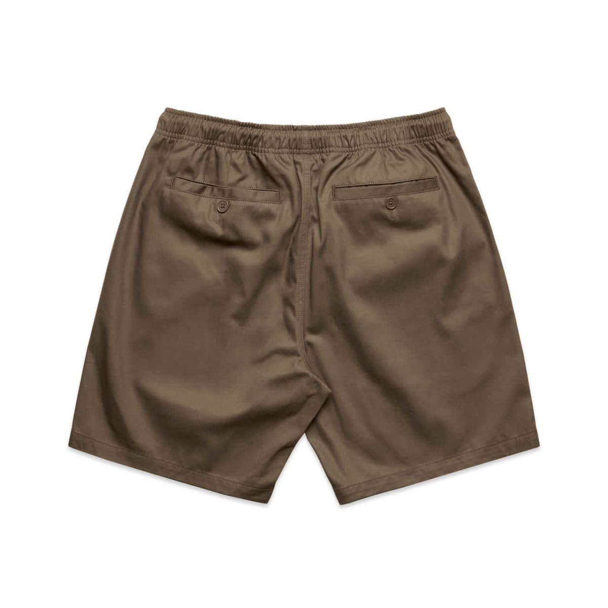 Brown dress shorts with an elastic waistband and two back pockets, featuring a logo.