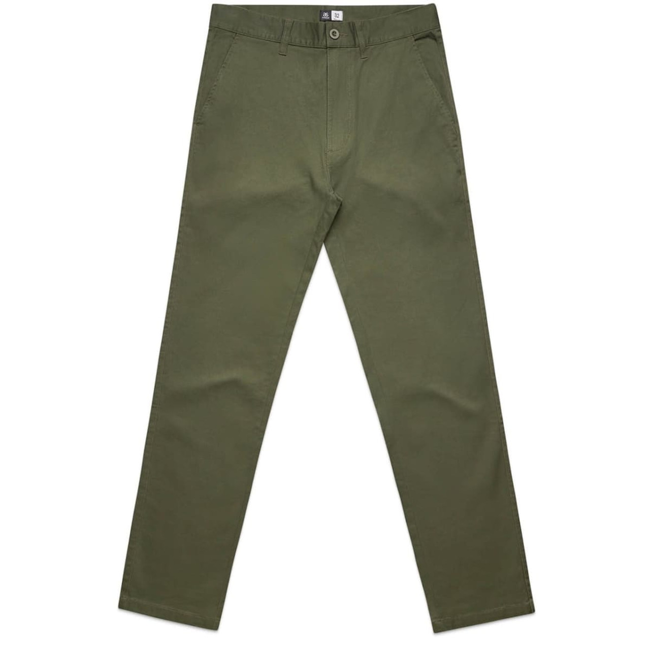 Straight pants in olive green, featuring a classic slacks design with a logo on the waistband.