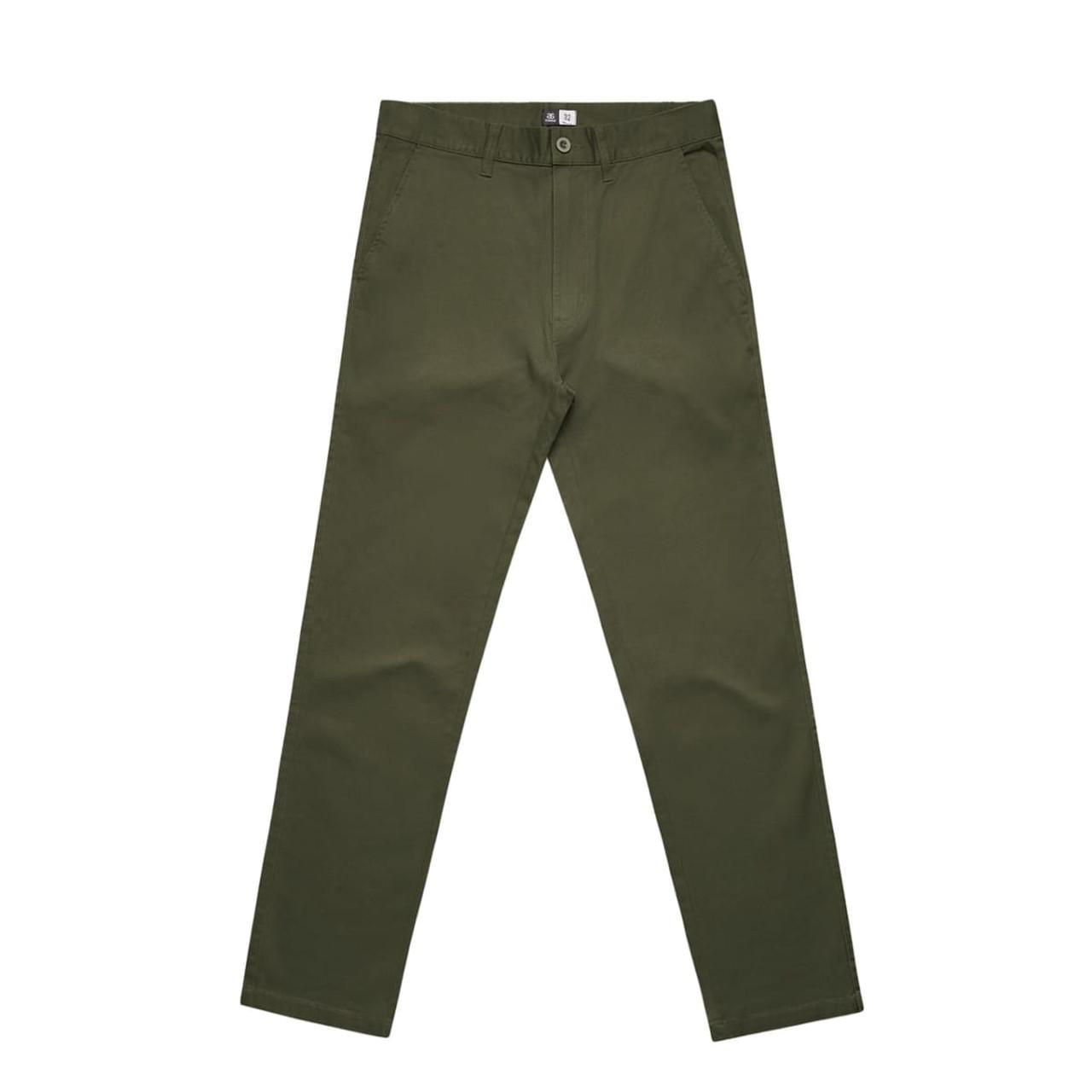 Straight pants in an olive green colour with a logo on the waistband, featuring a classic slacks design.