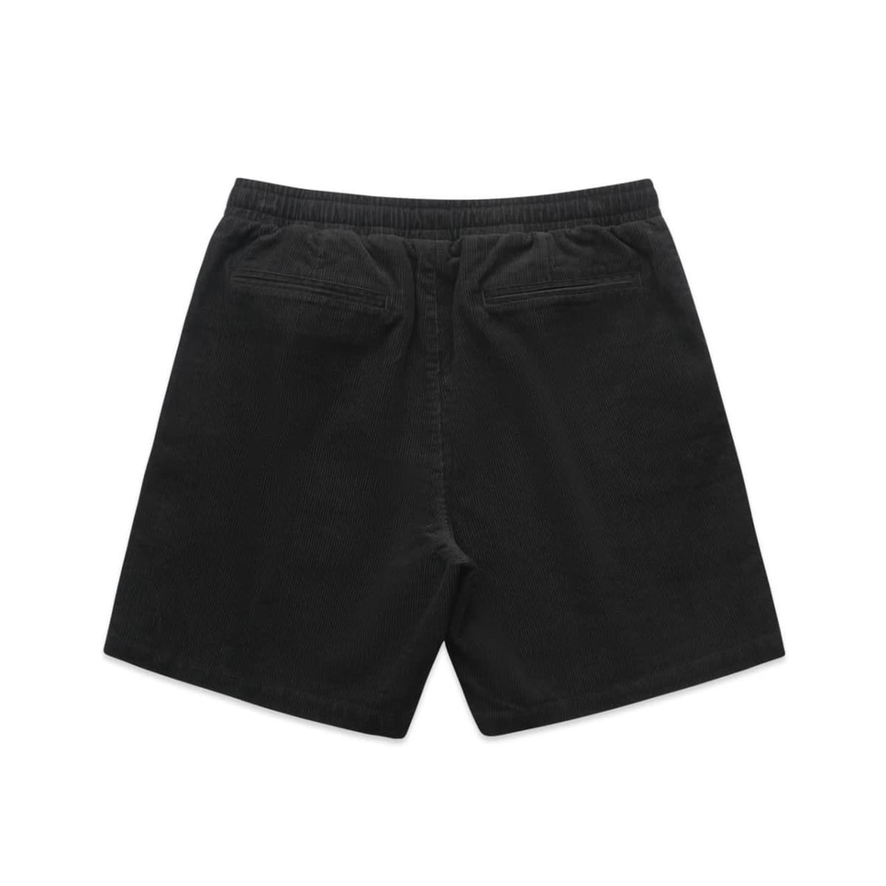 Black cord shorts with an elastic waistband and two back pockets, featuring a logo on the waistband.