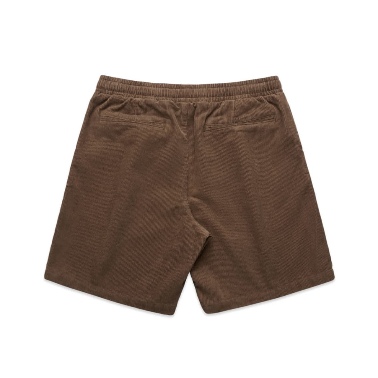 Cord shorts in a rich brown colour with an elastic waistband and two back pockets. Features a branding logo.