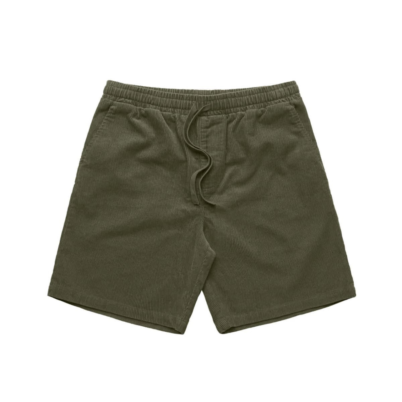 Cord shorts in olive green, featuring an elastic waistband and adjustable drawstring. Includes branding.
