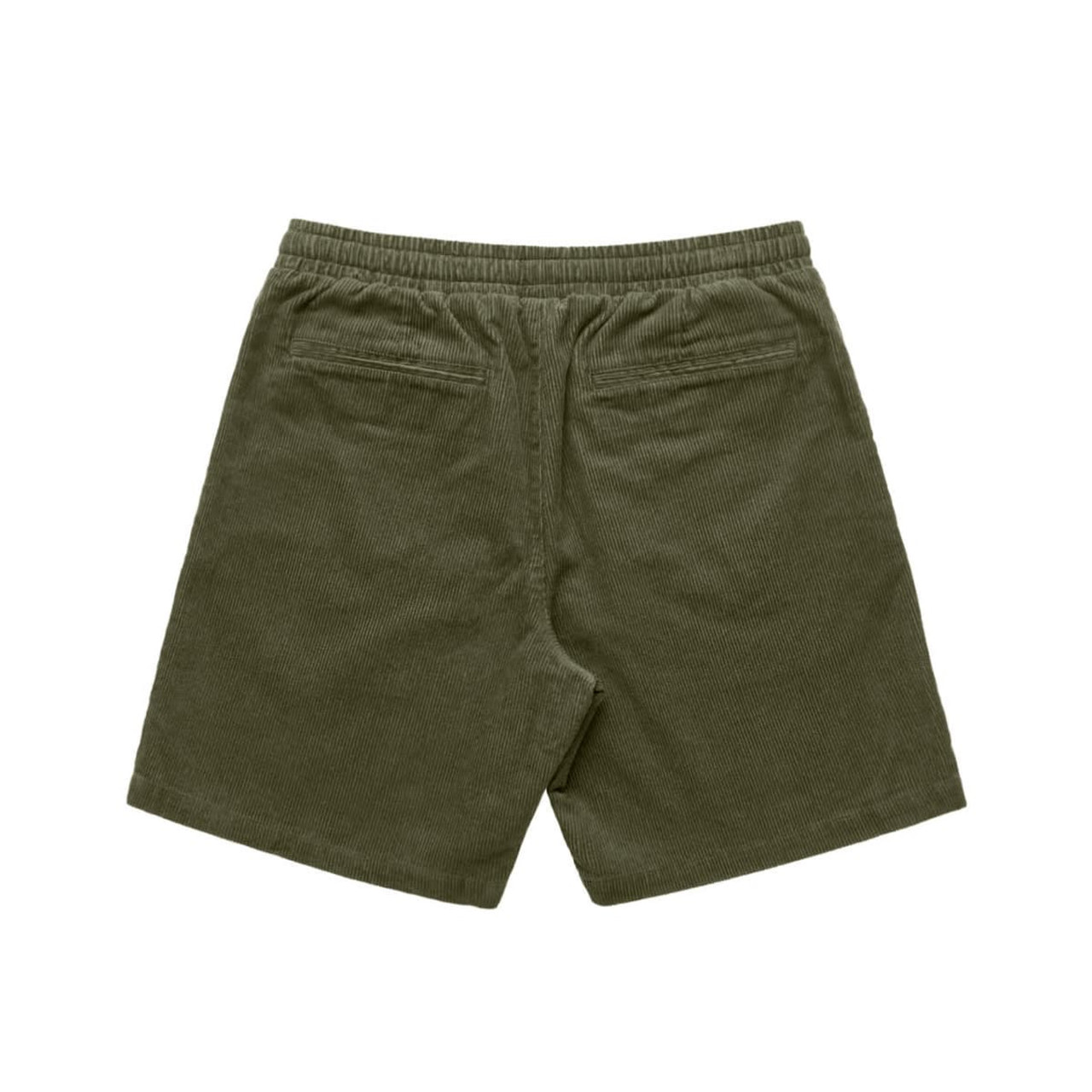 Cord shorts in olive green with an elastic waistband and back pockets. Features a logo on the waistband.