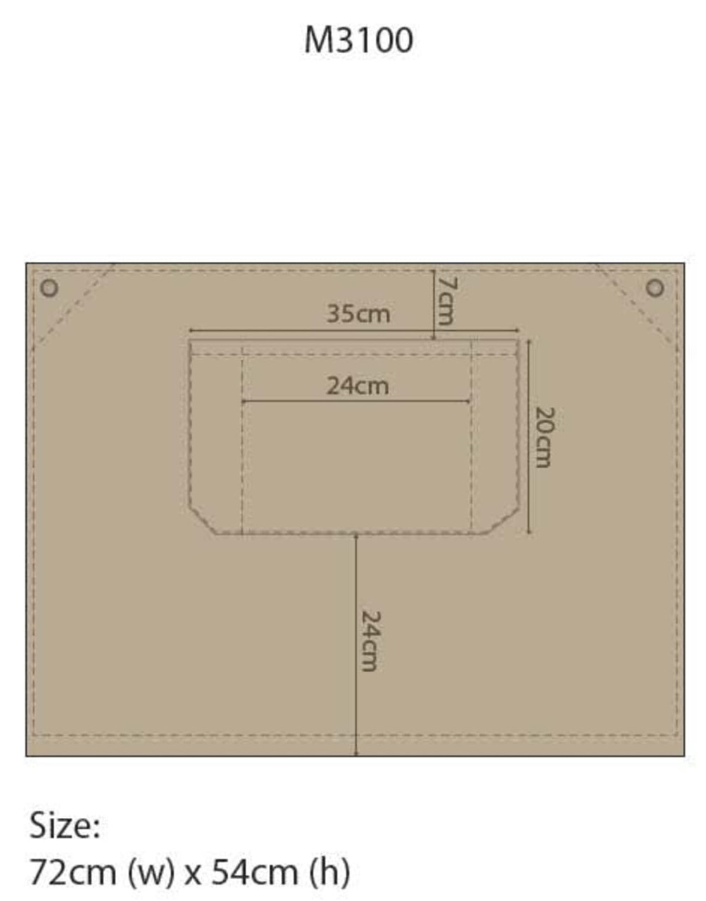 A tan canvas short waist apron featuring a front pocket, measuring 72cm wide and 54cm high. It has a logo.