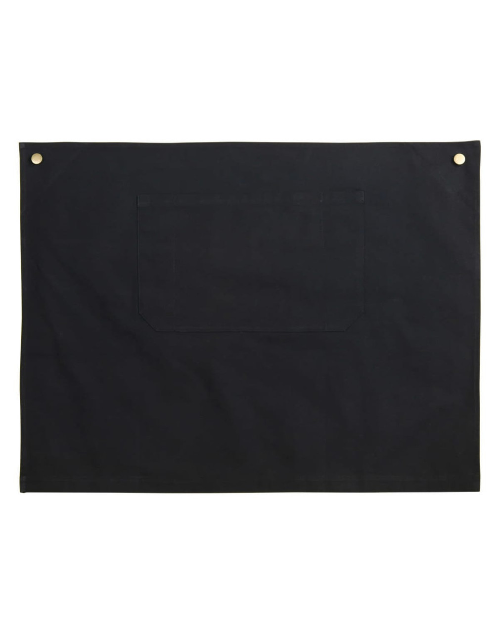 A black canvas short waist apron featuring a front pocket and brass eyelets for attachment.