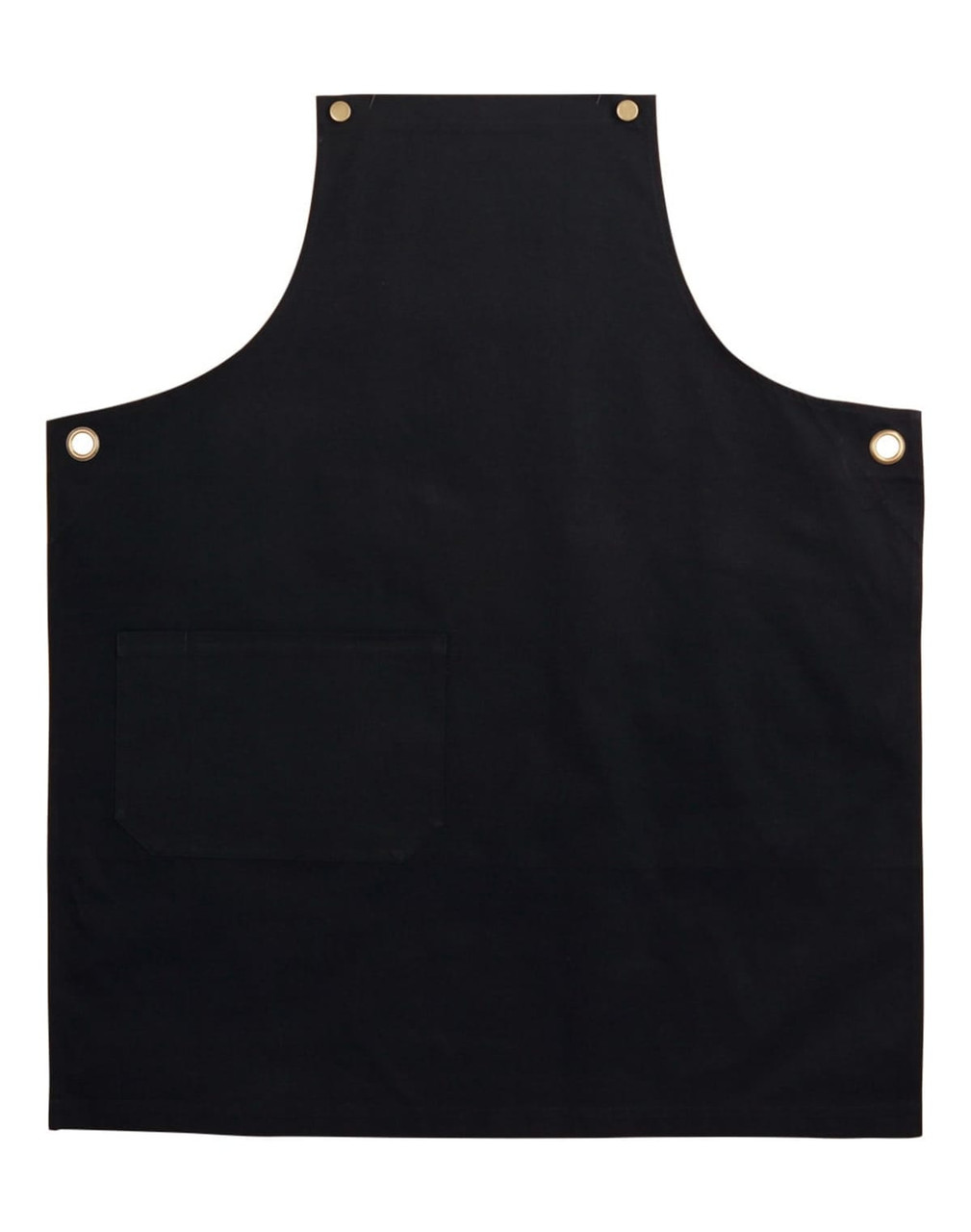 A black canvas bib apron featuring a front pocket and brass eyelets. It has a simple, sleek design.