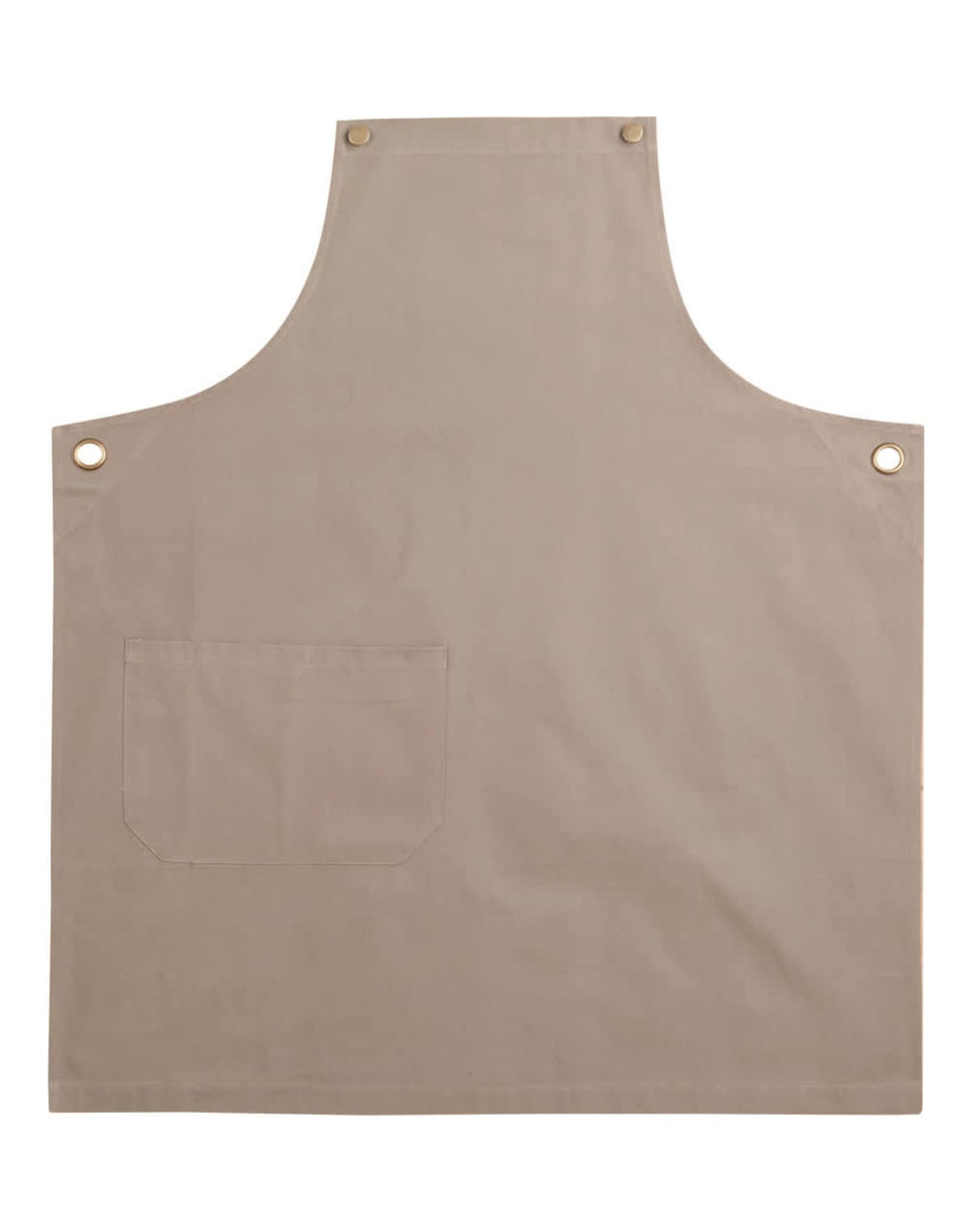 A beige canvas bib apron featuring a front pocket and metal grommet details.
