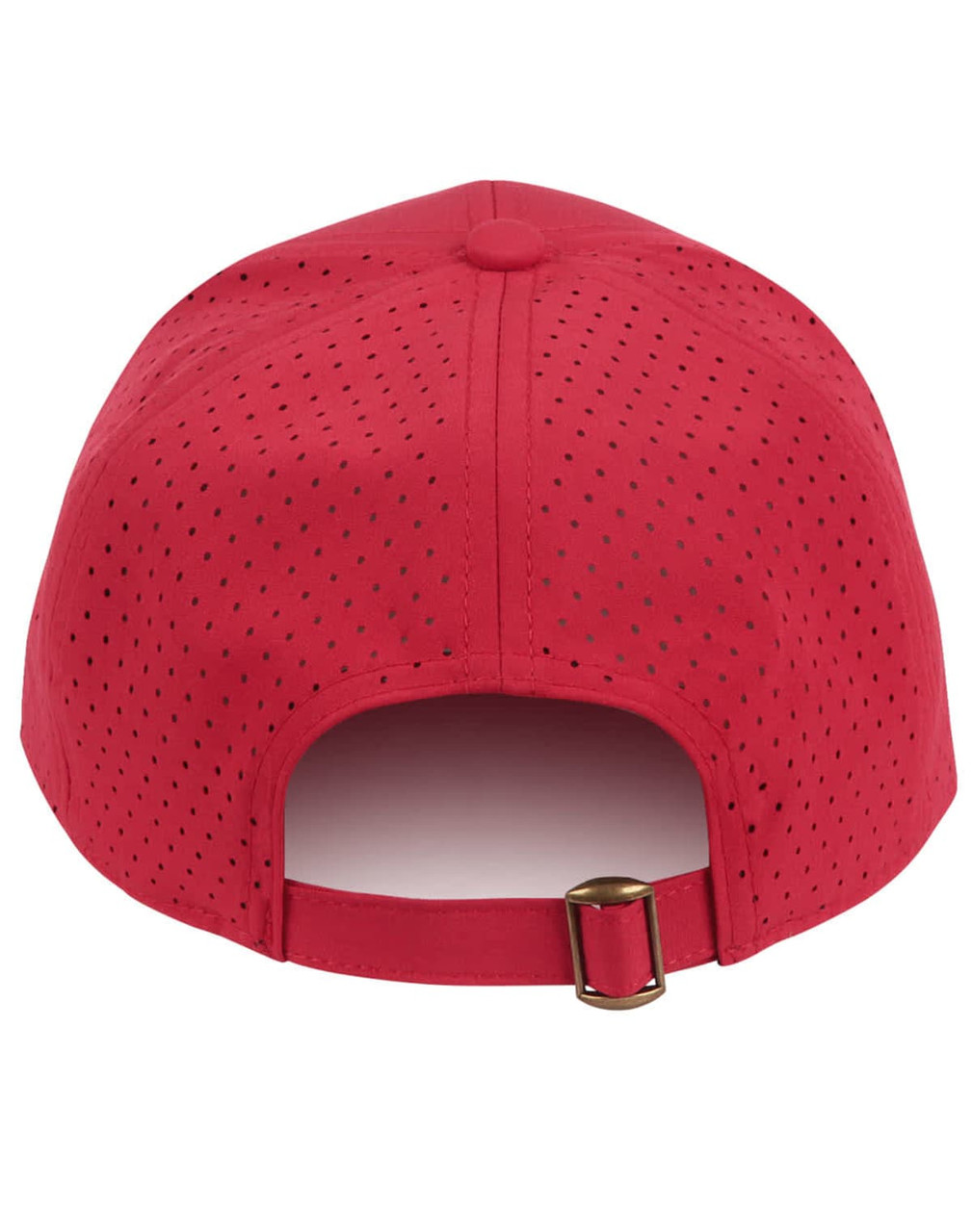 A red cap with laser cut ventilation holes and an adjustable strap at the back, featuring a logo.