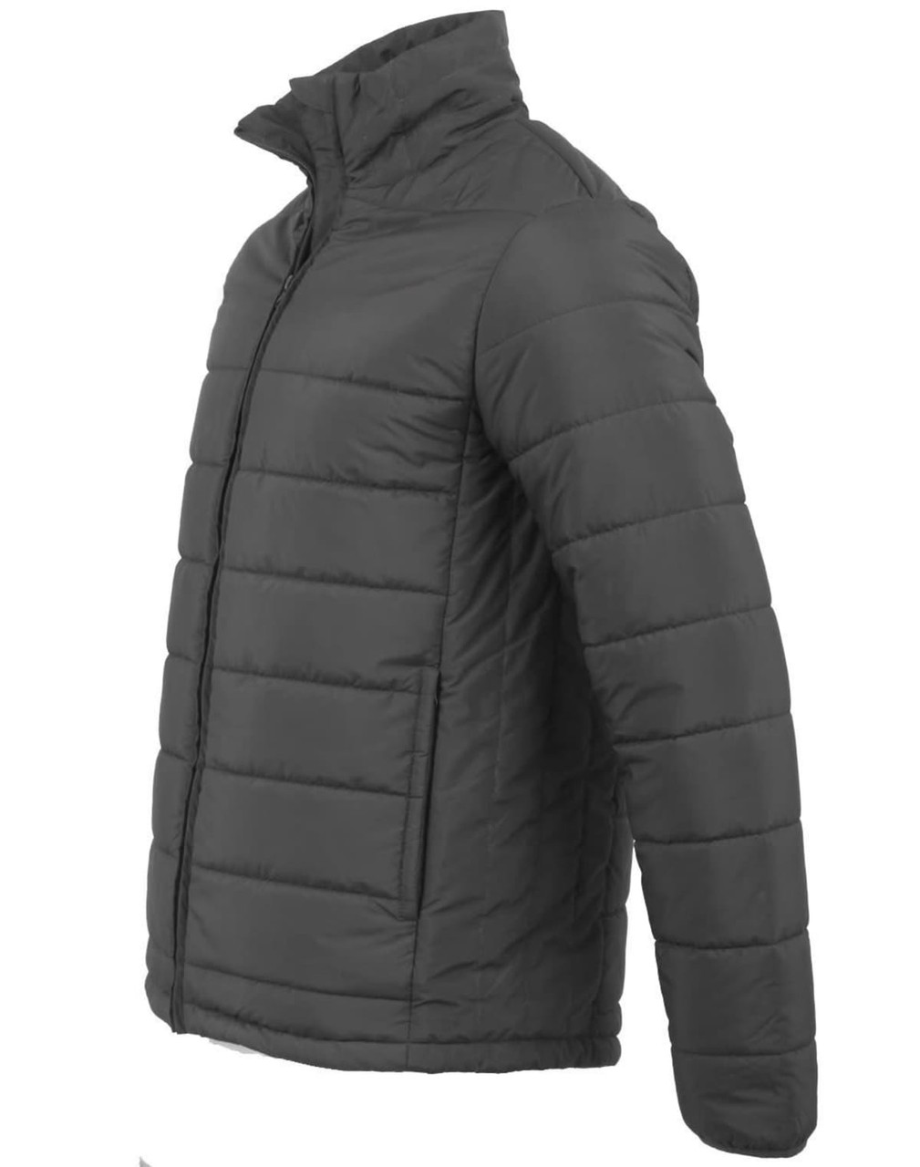 A men's sustainable insulated puffer jacket in grey, featuring a 3D cut design. The jacket has a front zip and a collar.