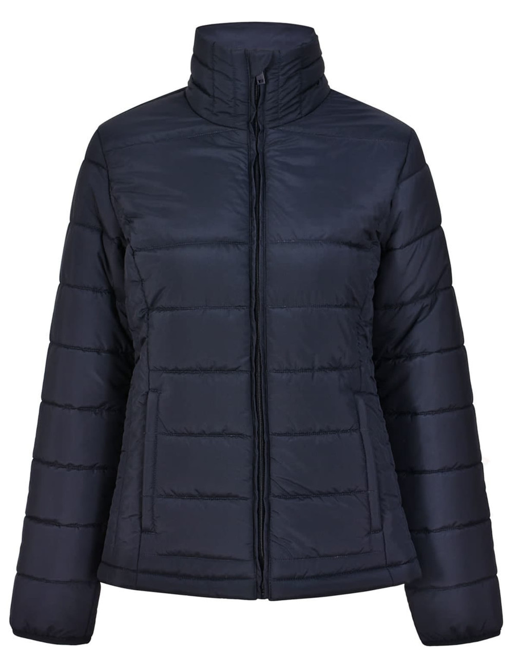 A navy ladies' insulated puffer jacket with a high collar and a zip-up front, featuring a logo.