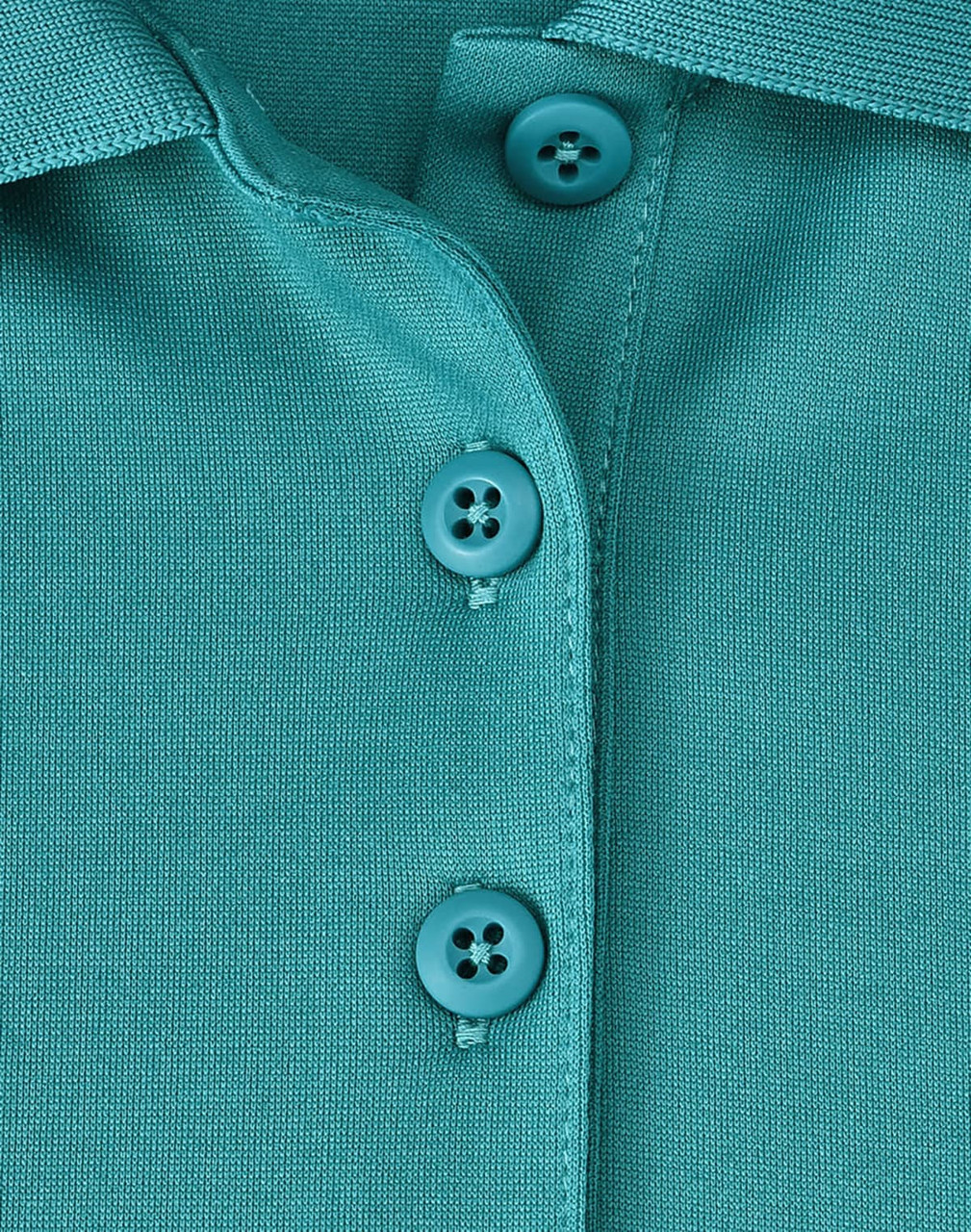 A close-up of a teal poly/cotton polo shirt featuring two buttons and a collar.