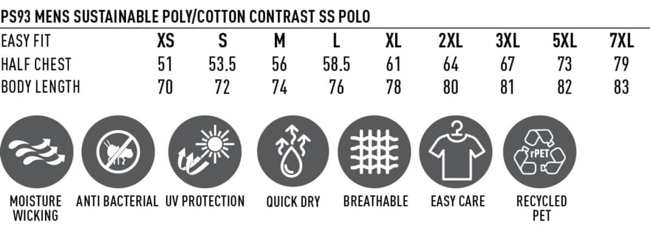 Men's sustainable poly/cotton contrast short sleeve polo in assorted colours, featuring a logo and various fabric benefits.