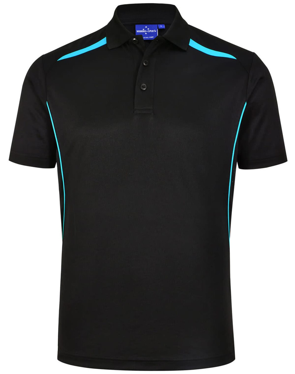 A black polo shirt featuring turquoise contrast stripes and a logo on the collar.