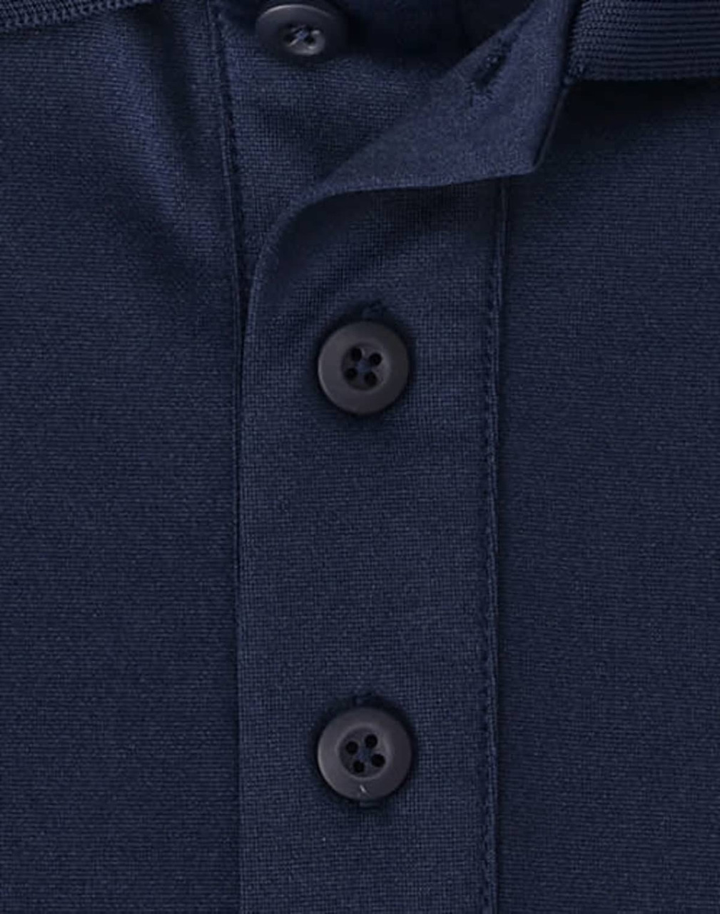 A navy blue polo shirt featuring a button placket and a logo. The fabric is a sustainable poly/cotton blend.