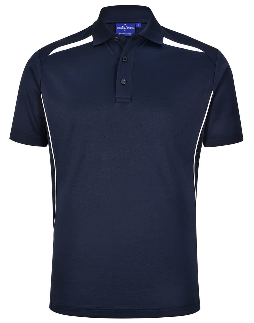 A navy blue sustainable poly/cotton polo shirt with white contrast stripes and a collar. It features a logo.