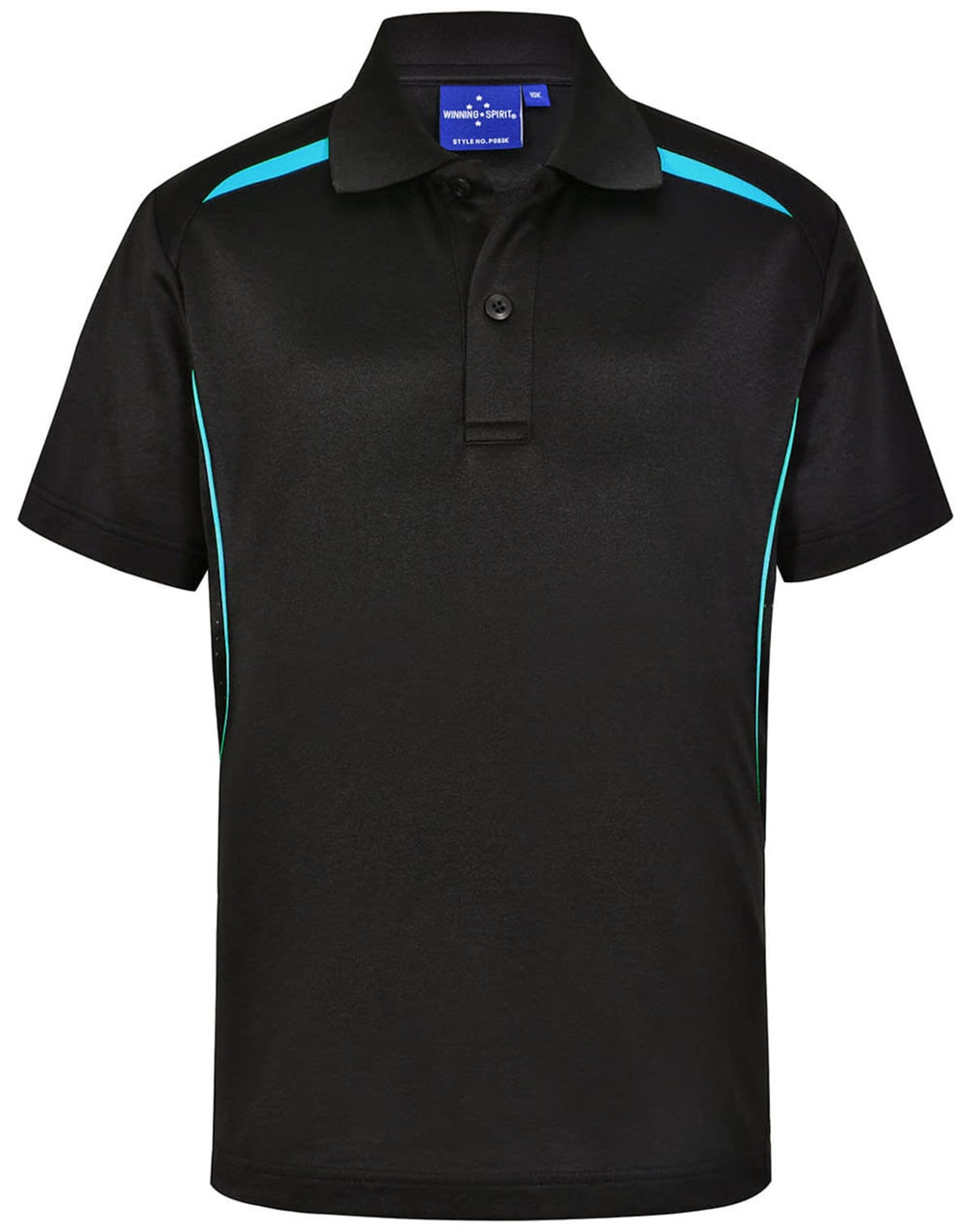 A black polo shirt featuring teal contrast panels and a collar. The shirt has a logo on the chest.