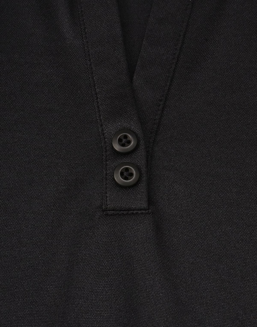 A black polo shirt featuring a V-neck and two buttons, made from sustainable poly/cotton material.