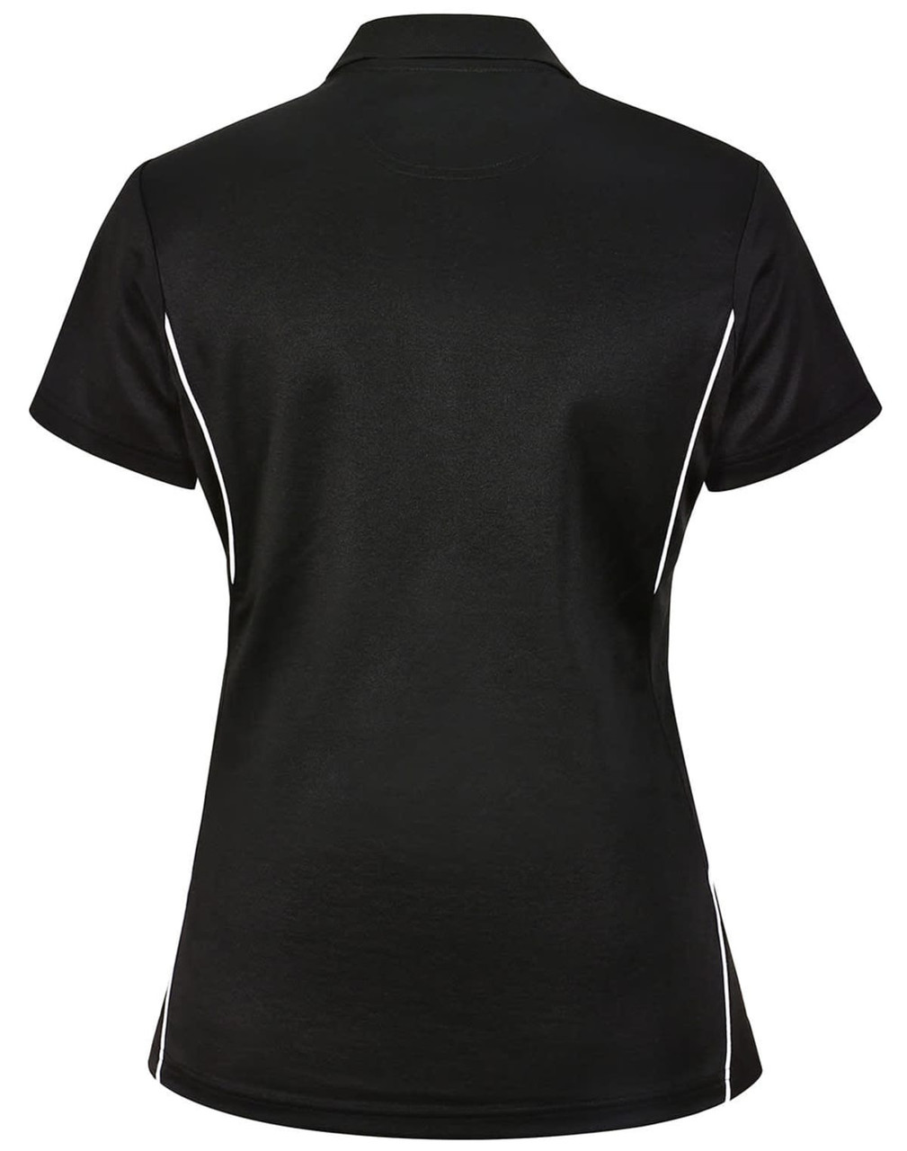 A black ladies' polo shirt featuring white contrast detailing and a logo on the back.