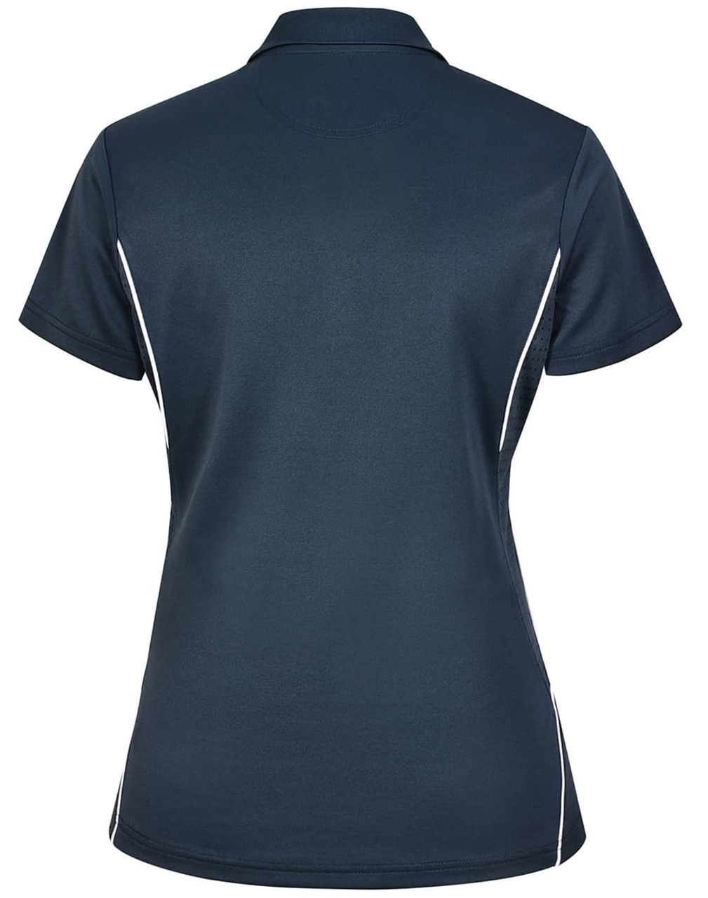 A navy blue ladies' polo shirt features short sleeves and white contrast piping on the sides. It has a logo on the chest.