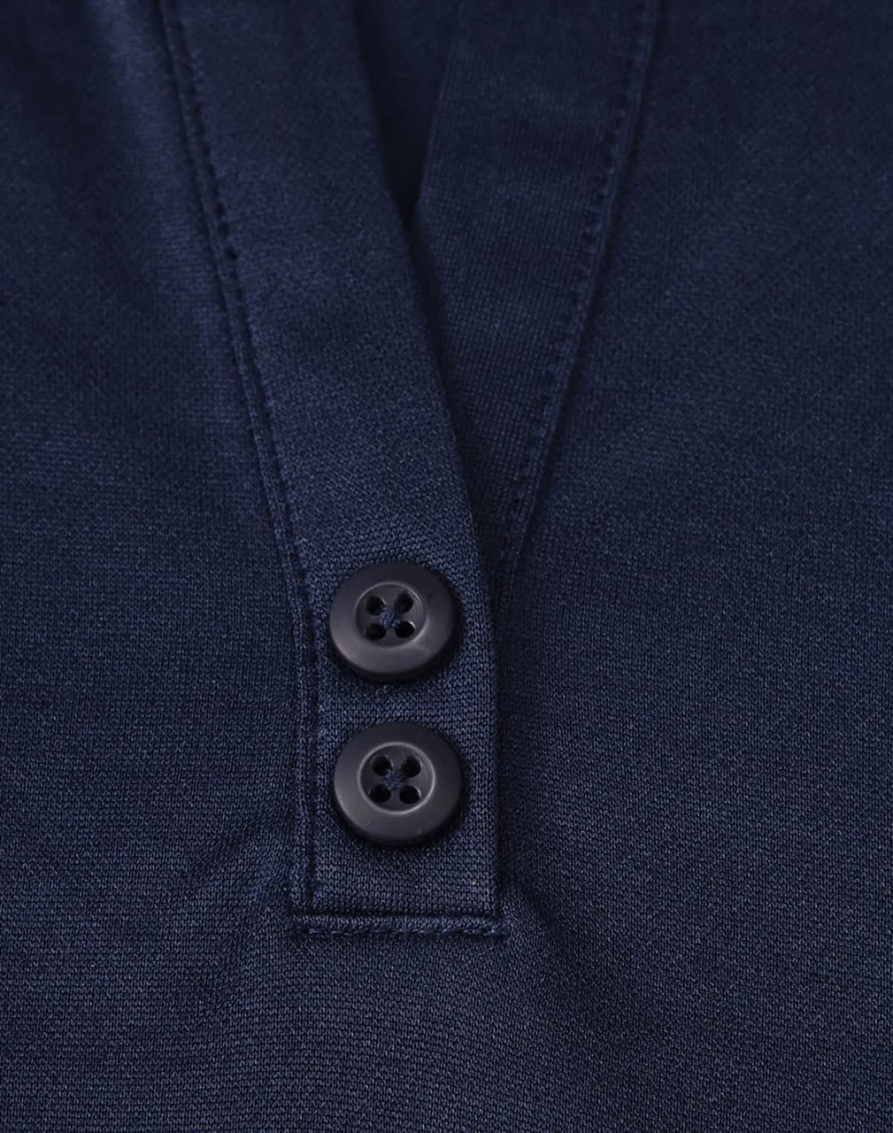 A navy blue polo shirt featuring a two-button placket and a logo. The material is a sustainable poly/cotton blend.