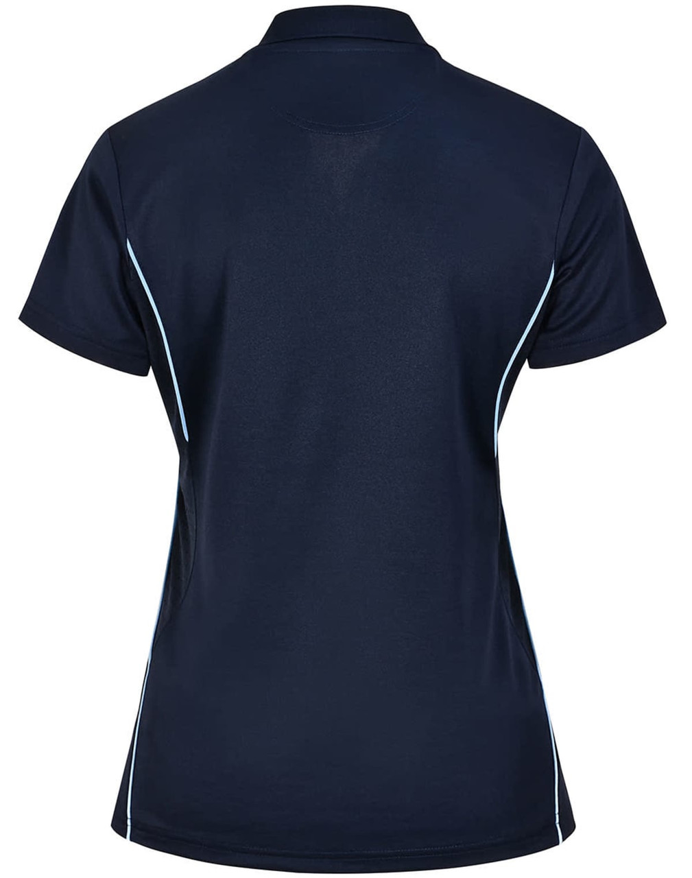 A navy ladies' polo shirt with light blue contrast detailing and a logo on the back.